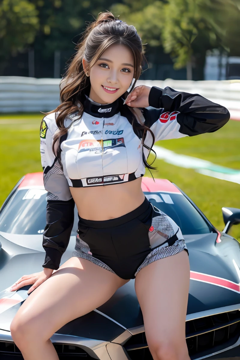 (best quality), masterpiece, (photo realistic:1.5), 8k quality, 1 beautiful woman, (full body:1.6), dark brown hair, updo hair, brown eyes, front, detailed face, beautiful eyes, looking at viewer, grin, BREAK (Wearing a grid girl outfit with sponsor's logo printed:1.3), (in a motorsport racing circuit), sitting on hood of a sports car, dynamic pose, 30 years old