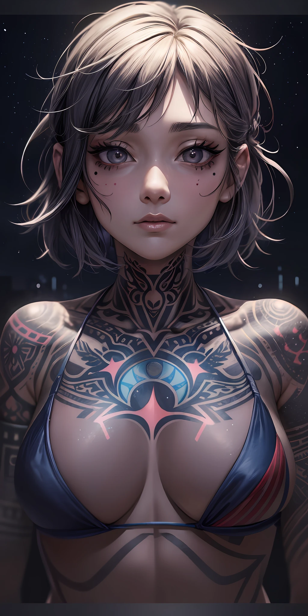 ((One woman)), night city, neon, perfect starry sky, UHD, high detail, high quality, super detail, ultra-fine illustration, 16k, odd eye,Ghibli, gray hair, micro bikini, plain bikini, ((bikini with less fabric)), big eyes, long eyelashes, very long eyelashes, ethnic tattoos, (tattoos that cover the entire body), ((lots of tattoos)), tattoos on the chest, tattoos on arms, tattoos on fingers, (tattoos all over the chest), beautiful features, neutral facial features, (short hair)