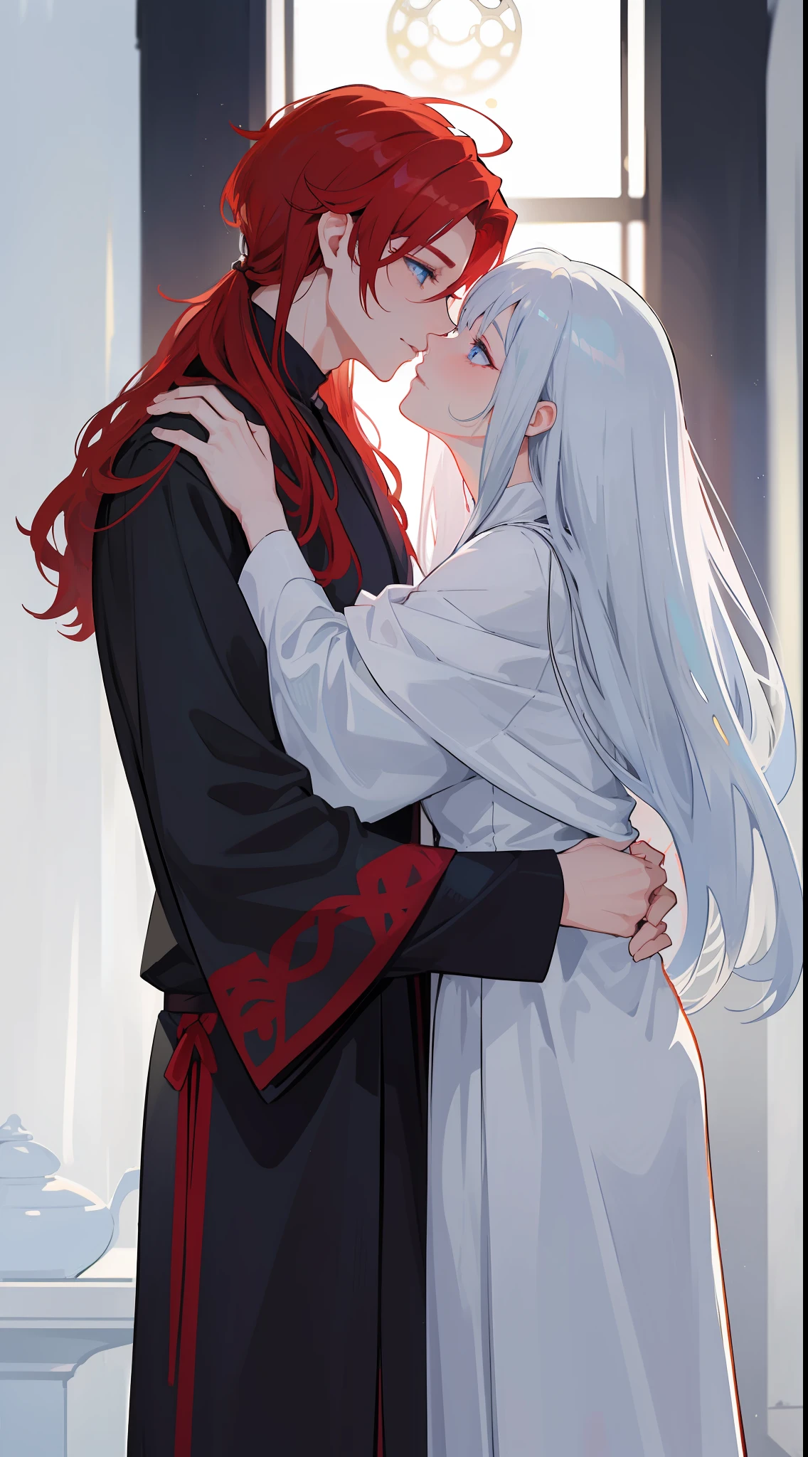 1man, sharp blue eyes with sharp pupils, white sharp hair and he was wearing black noble robes and, intimate hug and going to kiss with his lovely red-haired wife ((41 year old face))