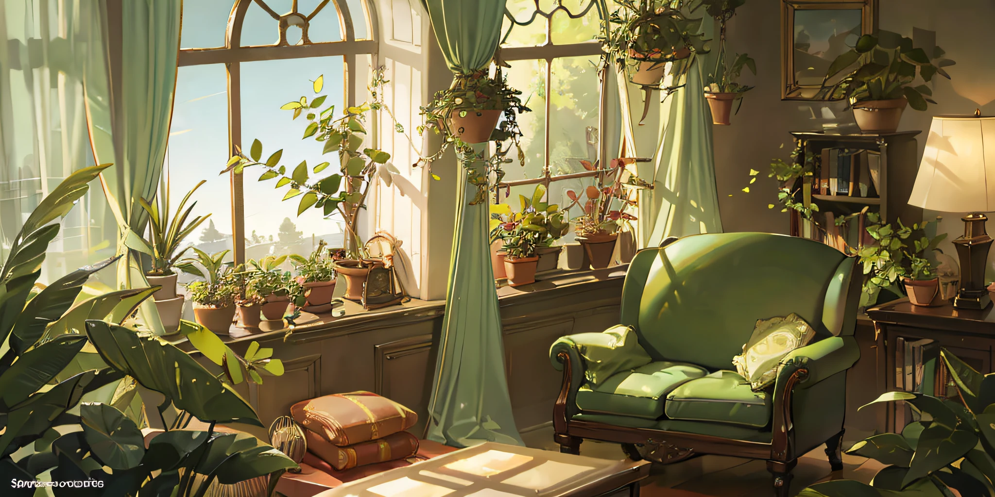 living room, sofa, window, curtains, dappled sunlight, potted plant, table, cabinet, bookshelf, paper, lamp, typewriter, garden