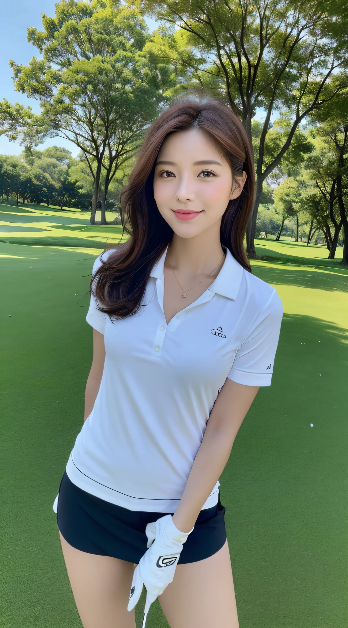 ((Sunny Golf Course, Realistic Light, Top Quality, 8K, Masterpiece: 1.3)), 1 Girl, Slim Beauty: 1.4, Abs: 1.1, (Brown Hair, Medium Breasts: 1.3), Black Golf Wear: 1.1, Golf Course, Super Beautiful Face, Delicate Eyes, Double Eyelids, Smile, Necklace, 8th Figure, Face Thin Beauty