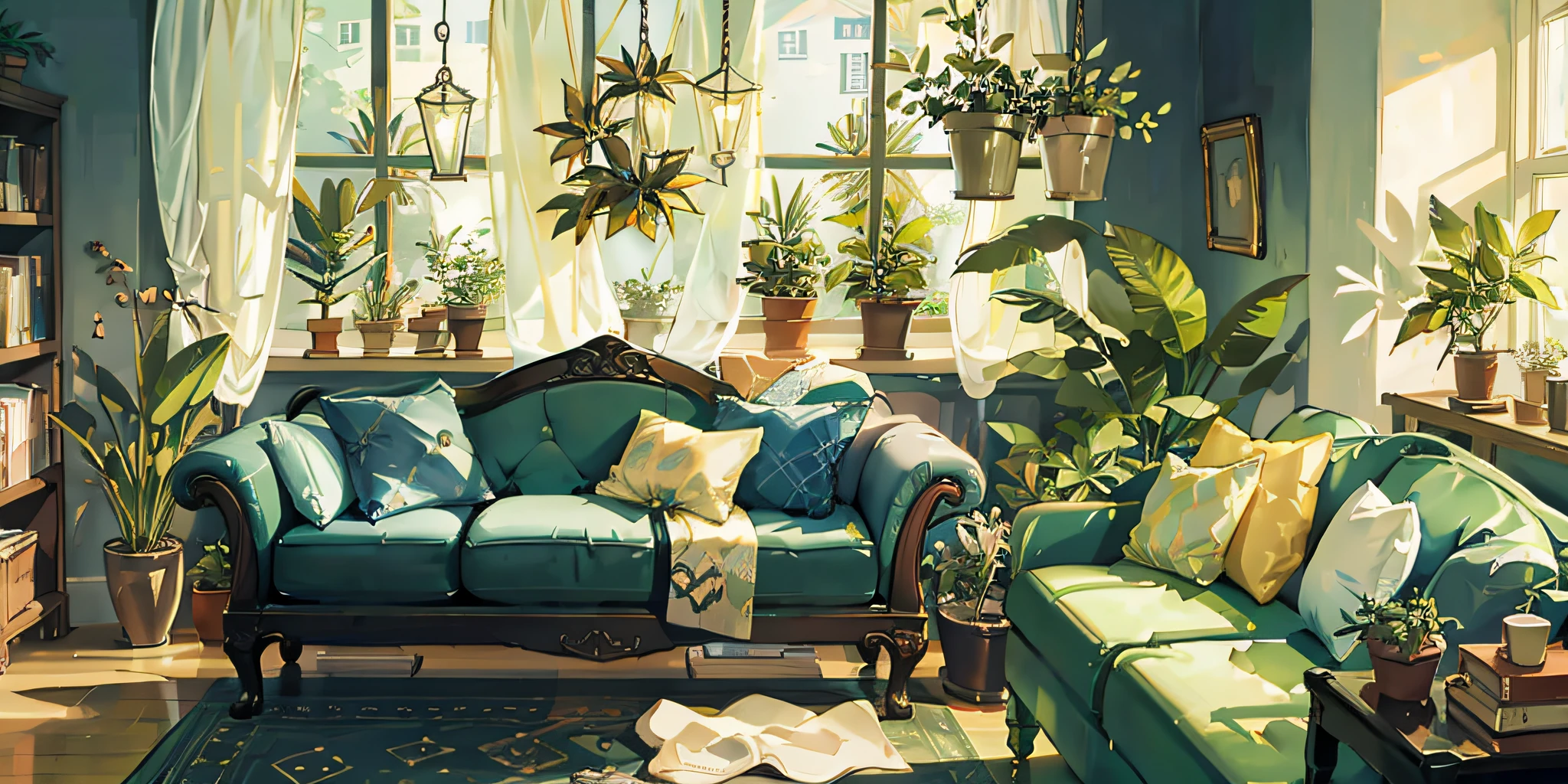 living room, sofa, window, curtains, dappled sunlight, potted plant, table, cabinet, bookshelf, paper, lamp, typewriter, garden