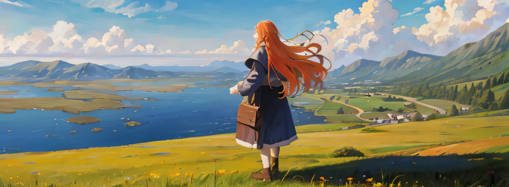 masterpiece, best quality, absurdres, blue sky, cloud, cloudy sky, day, facing away, field, from behind, grass, hill, horizon, lake, landscape, mountain, mountainous horizon, ocean, outdoors, river, scenery, sky, water, wide shot,
1girl, solo, orange hair, long hair, robe