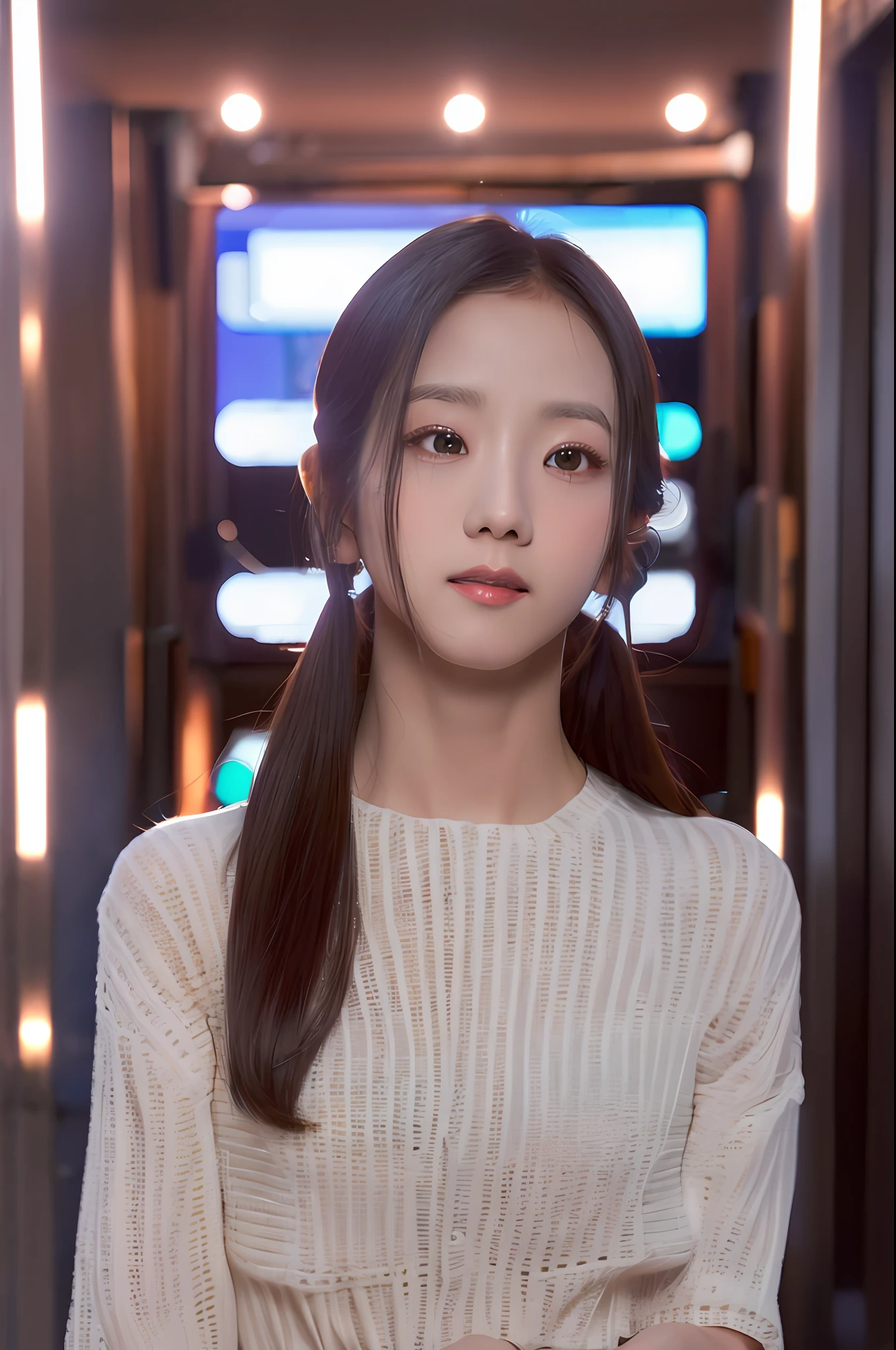 (4k,   best quality, highres:1.2), (realistic, photo-realistic:1.37),  Jisoo, 1girl,  solo, long hair, nose, parted lips , eyes, facing viewer, (looking at viewer :1.5), detailed eyes, brown eyes,
  blush , realistic, solo, long eyelashes , makeup, upper body,  strap dress
  (mole_under_eye, mole:0.1),   
realistic light, realistic shadow,   [blurry background], eye focus,  [depth of field], professional lighting, photon mapping, radiosity, physically-based rendering, High Detail, masterpiece, F/4.0, 35mm lens, (front lighting photography, catch light:1.5),