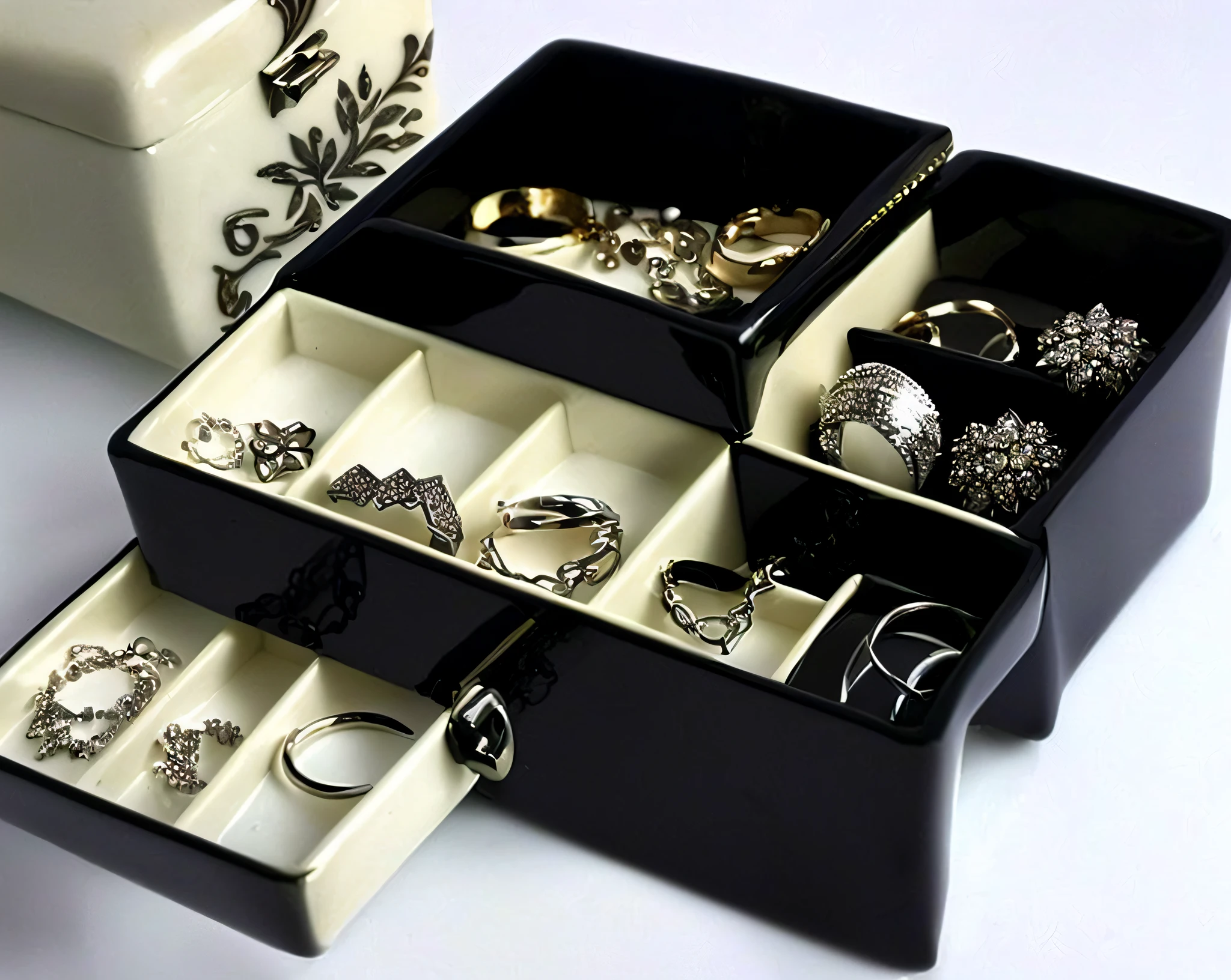 There is a black and white design jewelry storage box on it,