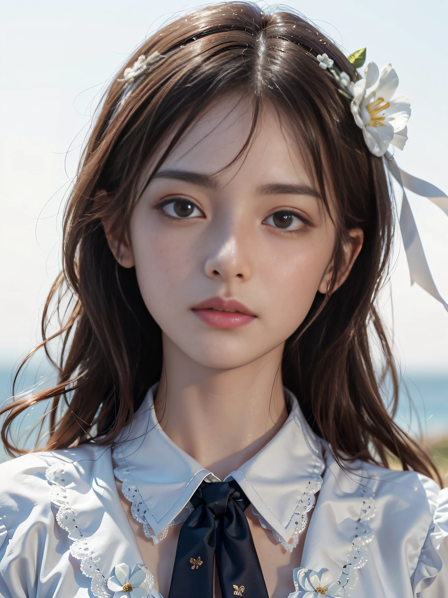 dressed, (photorealistic: 1.4), (hyperrealistic: 1.4), (realistic: 1.3), (smooth lighting: 1.05), (cinematic lighting quality improvement: 0.9), 32K, 1 girl, Japan woman, realistic lighting, backlit, face lights, ray tracking, (bright light: 1.2), (quality improvement: 1.4), ( Realistic textured skin of the highest quality: 1.4), fine detailed eyes, detailed face, fine quality eyes, brown eyes, (moist light pink lips that are wet and reflect light), (tired and sleepy and satisfied: 0.0), white silk blouse with blue floral pattern with ruffles and lace, ribbon ties with thin strings, dark brown hair, short cropped bangs on the forehead, small ribbons on the hair, small flower headbands, One adult woman with faint smile (isolated on white background)