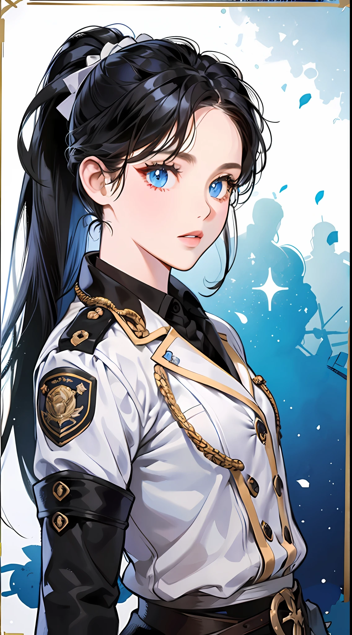 A girl with long black hair (with a ponytail), (with bangs) in a military uniform, blue eyes, looking at the camera, front, (white background), standing painting, attention to detail, highest quality,