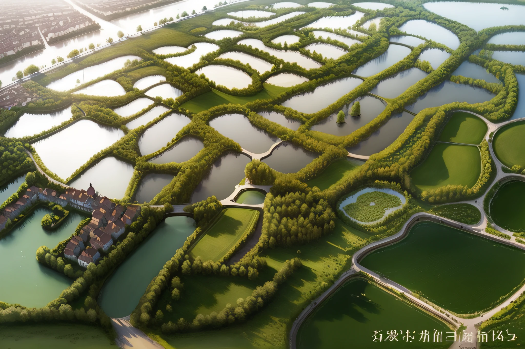 Illustration style, simple and bright lines, mulberry pond, pastoral countryside, characters --auto --s2