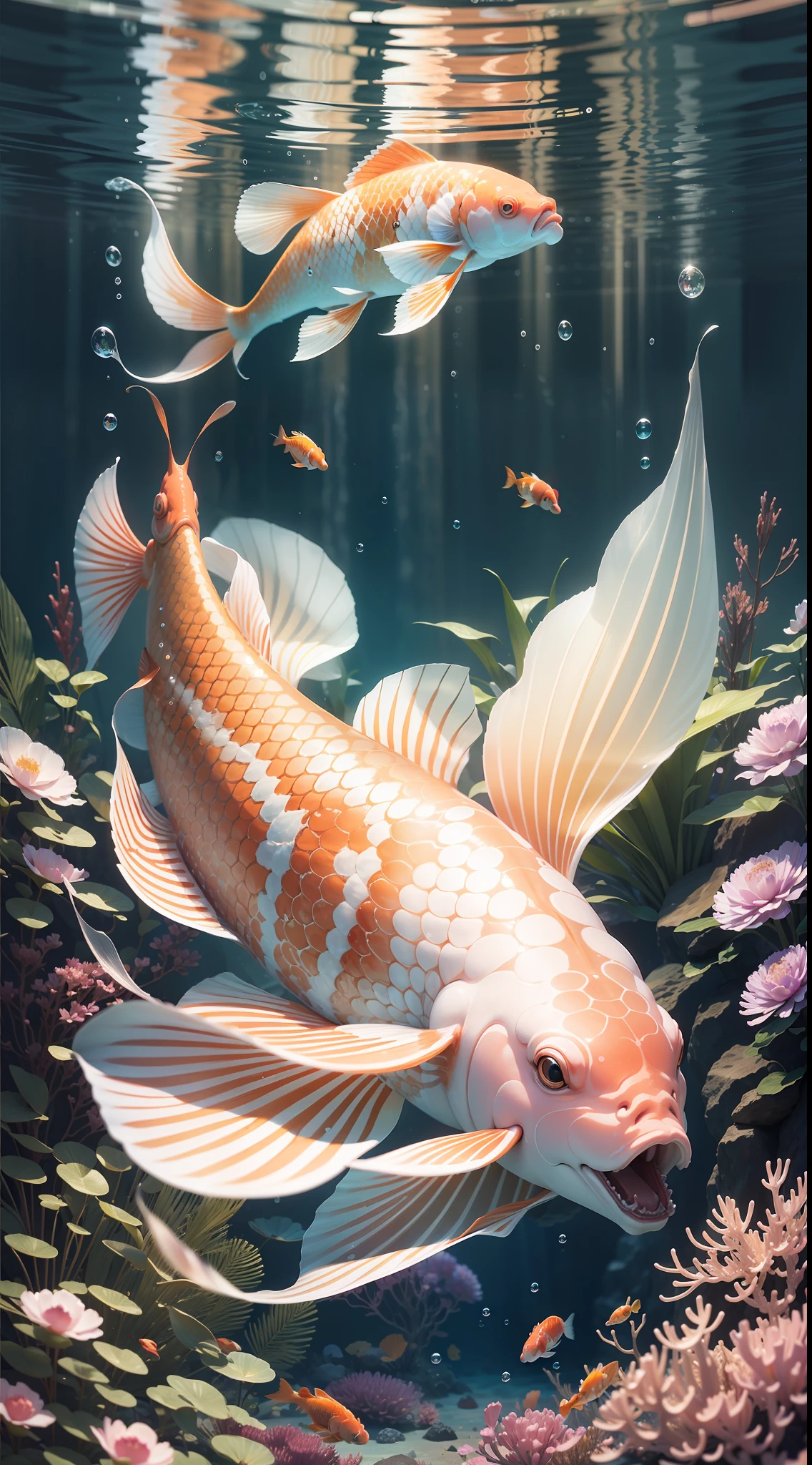 Bubbles, bubbles, foam, depth of field, golden red koi, realistic koi, perfect body shape, slightly open mouth, perfect swimming posture, motion photography, large and flowing fish tail, master works, surreal, crystal clear, high extreme color, advanced composition. Bright. "Bright Crystal" and "Bright Hall". Blooming peony flowers, underwater, underwater, in the water, water drops, bright and soft light. Diamond-like color, transparent translucent, octane rendering, 3D, C4D