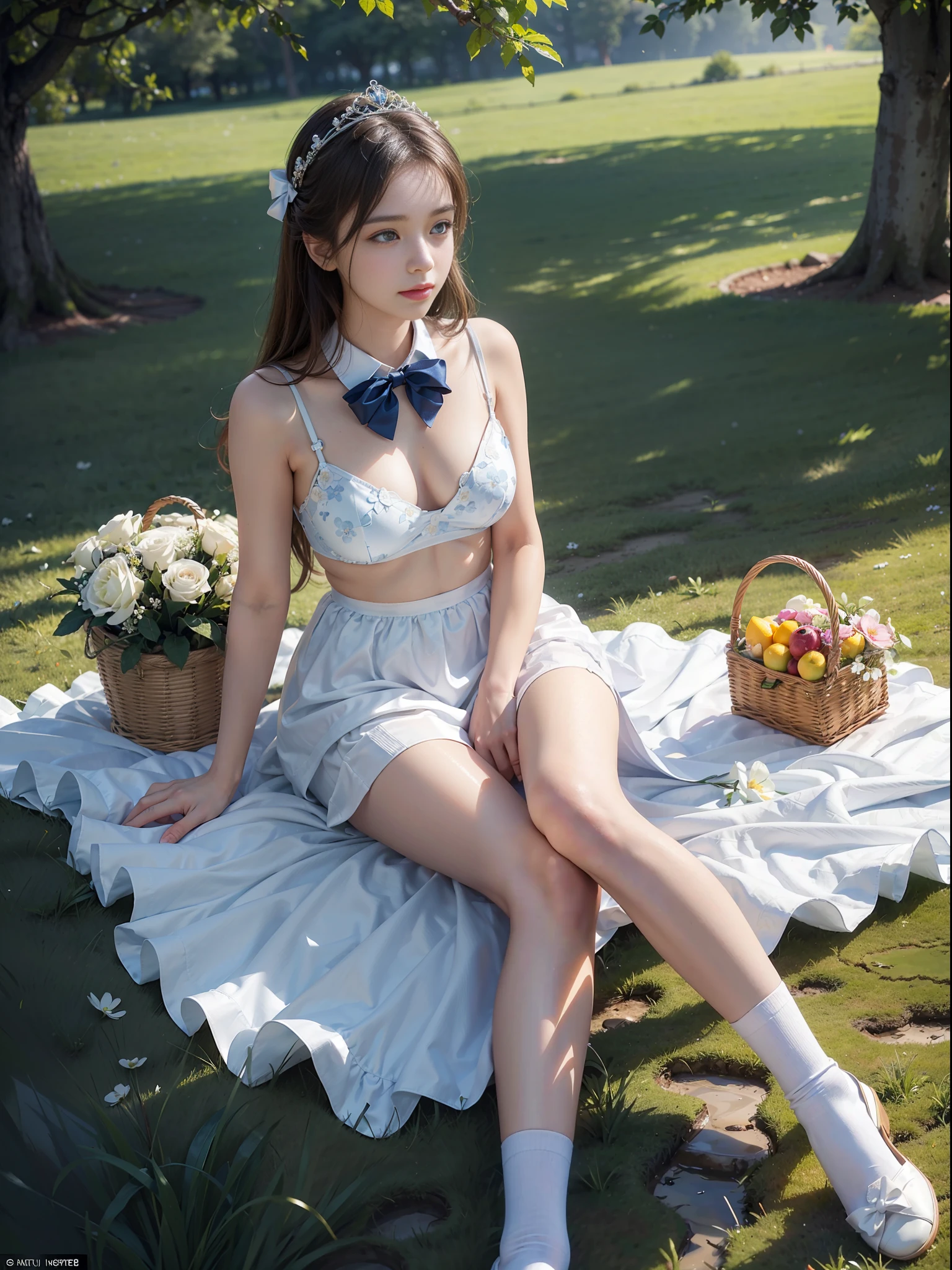 Dressed, (Photorealistic: 1.4), (Hyperrealistic: 1.4), (Realistic: 1.3), (Smooth Lighting: 1.05), (Improved Cinematic Lighting: 0.9), 32K, 1 girl, 20 year old adult woman, bright spring morning natural light, backlit, face light, ray tracking, (Bright light: 1.2), (Quality improvement: 1.4), (Top quality realistic textured skin: 1.4), fine detailed eyes, detailed face, fine quality eyes, brown eyes, (tired, sleepy and satisfied: 0.0), tiara with hair, bow tie, underwear, blue bra with white floral pattern, blue panties with white floral pattern, one woman in Japan with a faint smile, sitting with sheets on the grass, full body, pure white smooth and shiny silk material socks, Strap shoes, basket with fruits and flowers, tea set, green glass bottle with water, background blurred white