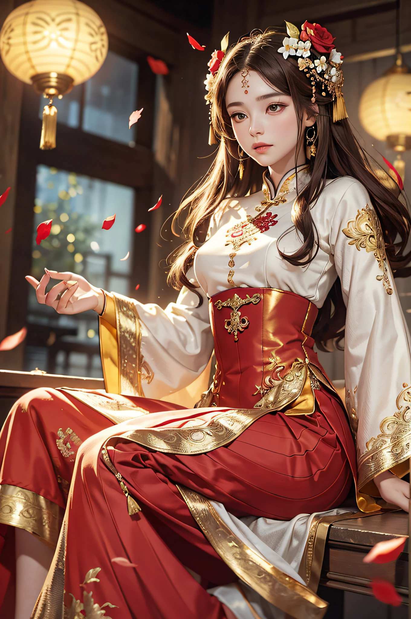 best quality, masterpiece, highres, (exquisite body:1.5),gorgeous face,(milky skin:1.3),intricate details,high resolution,wallpaper,
1girl, solo, dress, hair ornament, (((gold and red dress))), flowers, long hair, brown hair, closed mouth, jewelry, long sleeves, hand up, wide sleeves, big eyes,floating hair, chinese clothes, hanfu, embroidery, long skirt, natural pose, falling petals, indoor,fanning, lantern,
16K,HDR,highres,depth field,(film grain:1.1),boken,golden hour,(lens flare),vignette,rainbowing,(color grading:1.5)