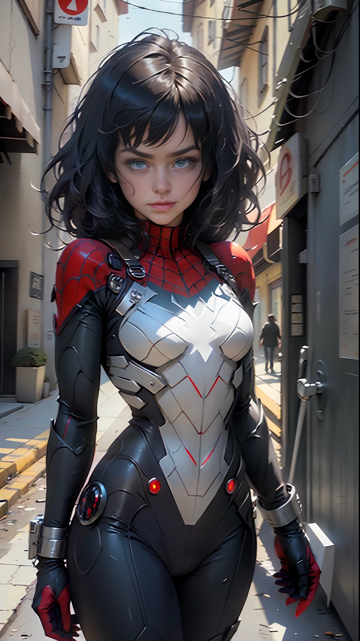 Schöne Frau detailliert definierter Körper mit Spider-Man-Cosplay, kleine Brüste, asymmetrical hair, messy hair, parted bangs, light smile, annoyed, Hyperrealism, cinematic lighting, Fujicolor, social media composition, perspective, Eye-Level Shot, Canon, UHD, masterpiece, high quality, award winning, best quality, highres