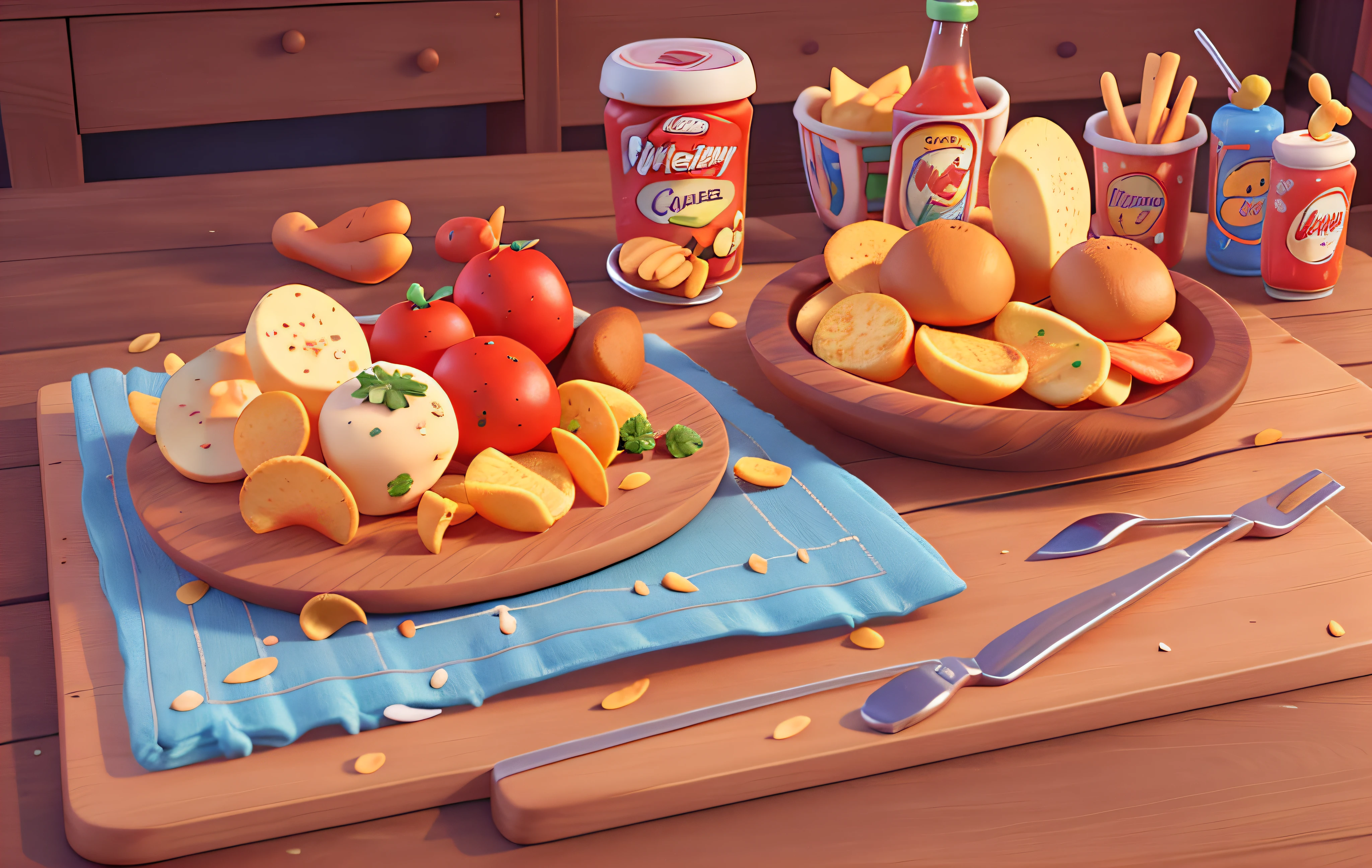 Western food, ketchup, wooden cutting board, chips, 45 degree angle Pixar style, Disney style, cartoon, bright colors, perfect details, objects, UI
