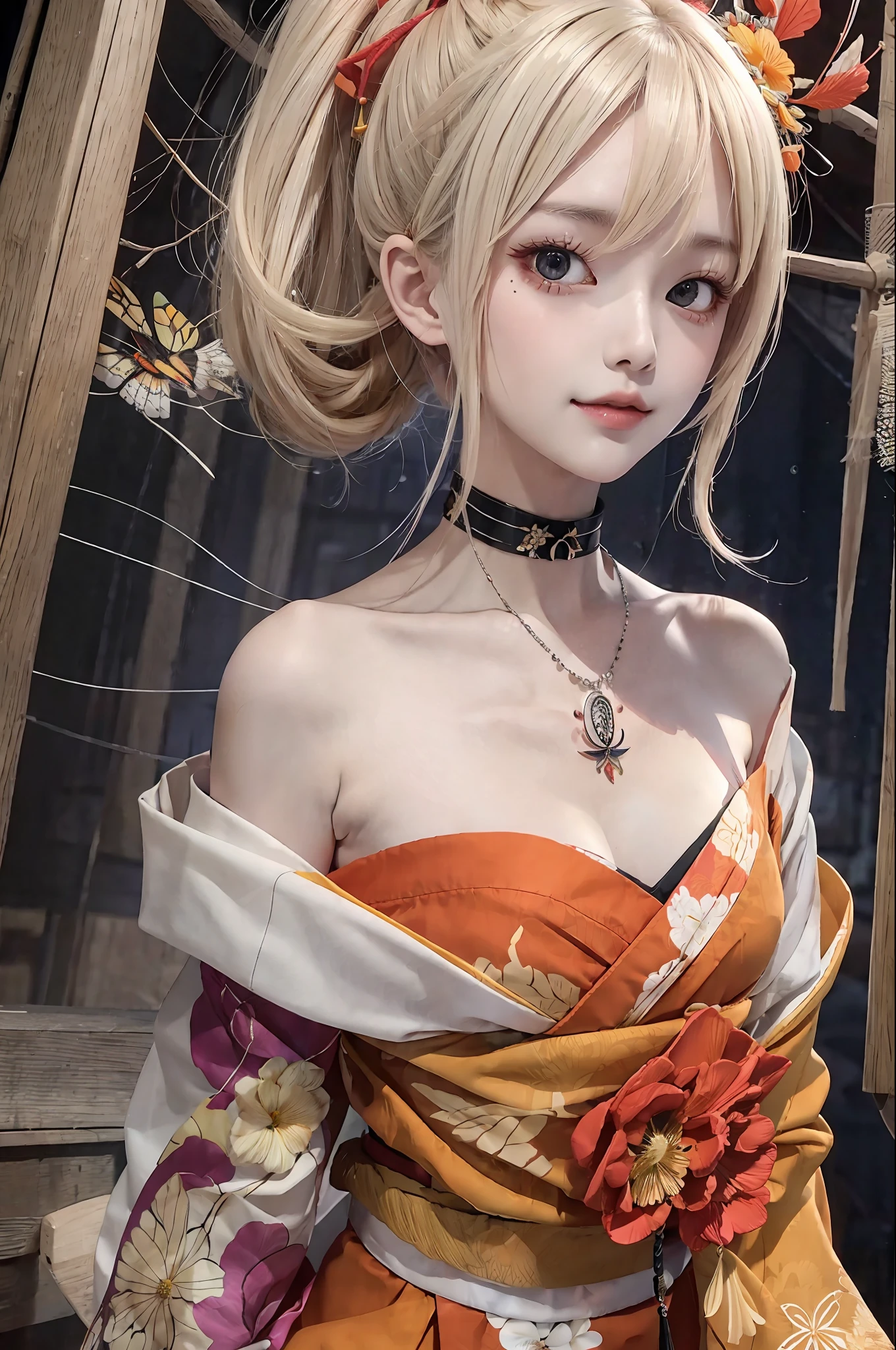 masterpiece, exquisite, high-resolution, single woman, blonde, medium hair, asymmetrical hair, floating hair, blindfold, high ponytail, side lock, hair ornament, tassels, kanzashi, bangs, orange eyes, smile, choker, red choker, pendant choker, butterfly choker, collarbone, tattoo, chest tattoo, flower tattoo, cleavage, middle chest, thigh, sarashi, budget sarashi, chest sarashi, black sash, broomstick, kimono, kimono, drawstring, obi, obijime, orange kimono, drawstring, patterned kimono, obi, short kimono, bare shoulder, . Systemic. Crouch. Night, Fireworks,