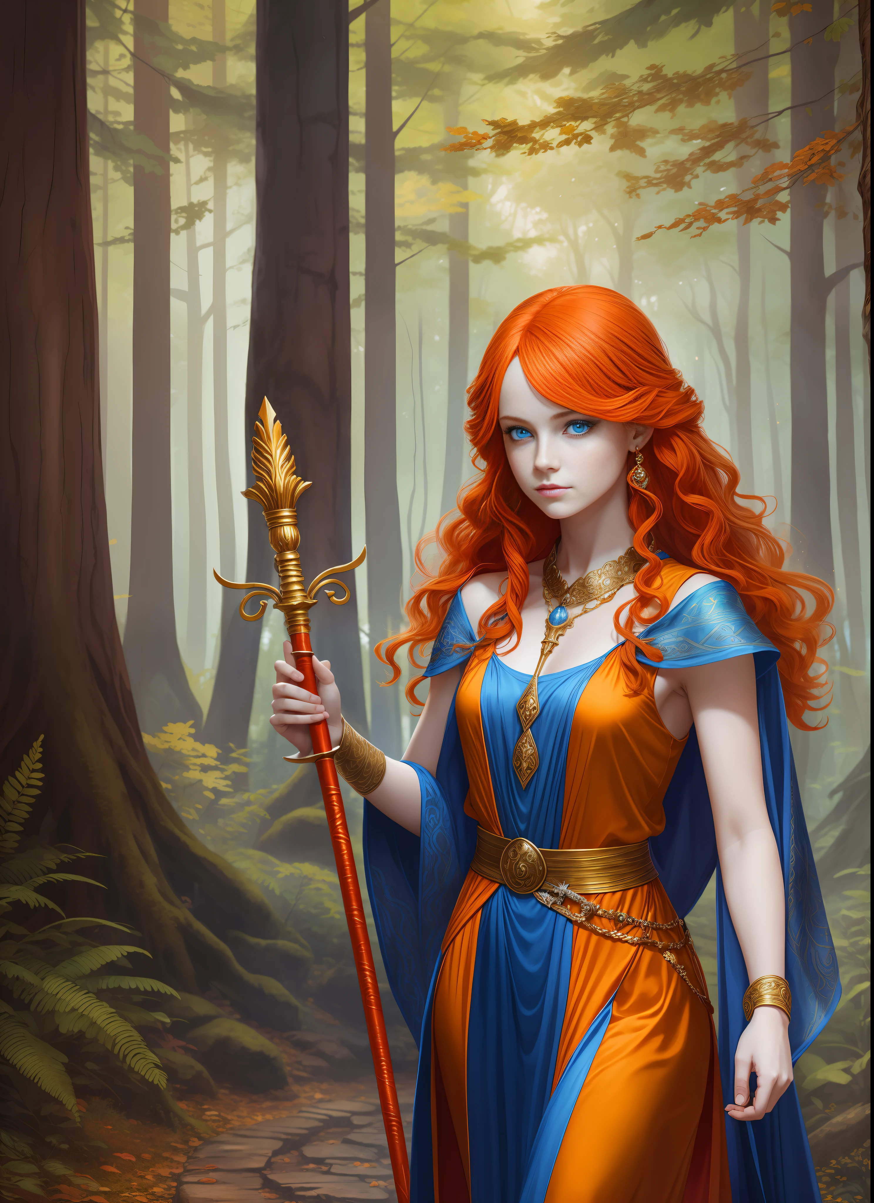 childish young sorceress with flowing red-orange hair and brilliant blue eyes wearing a sleeveless clingy opulent robe and carrying a magical scepter, on a forest path