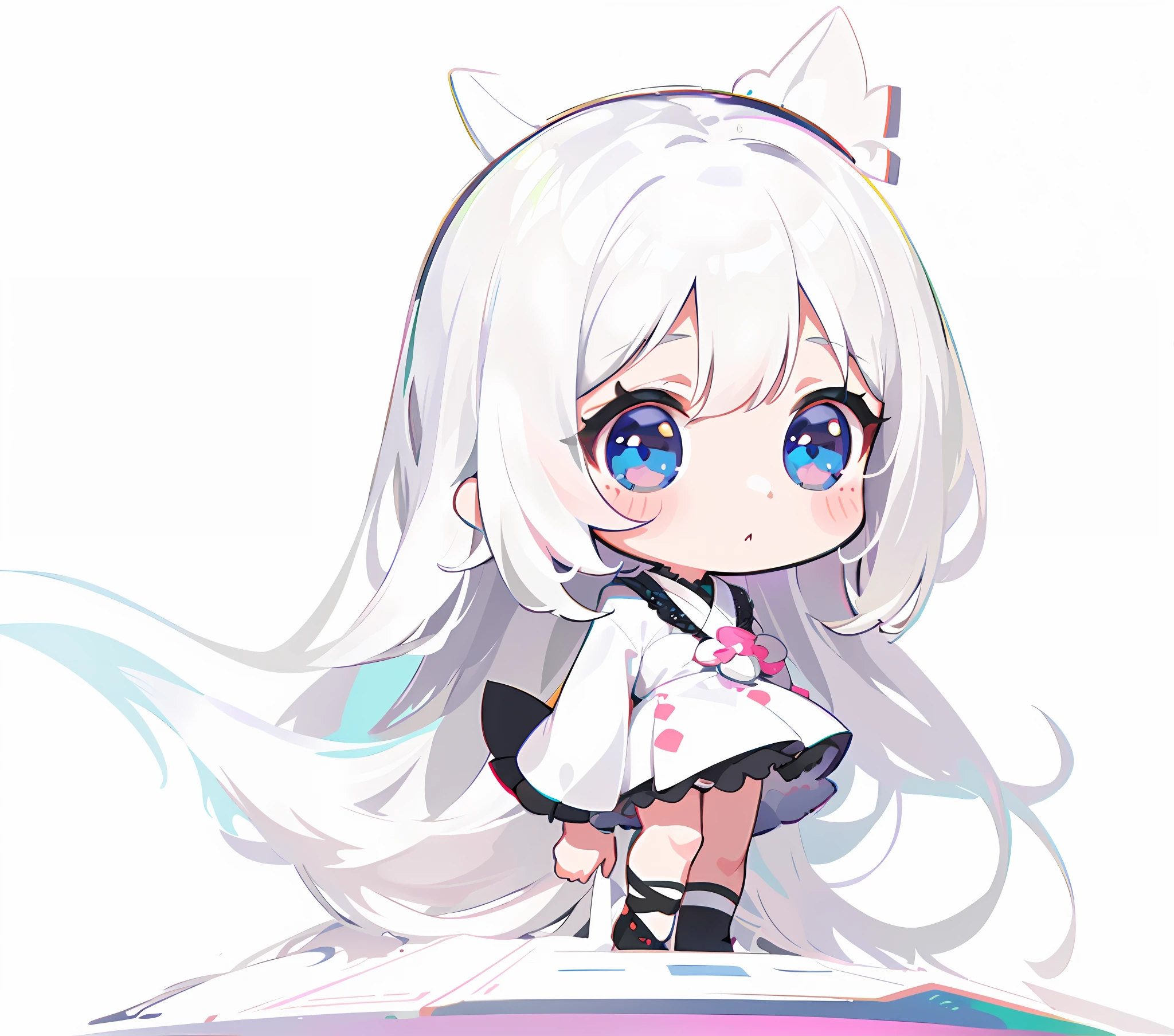 a drawing of a girl with white hair and a white dress,white haired deity, kawaii chibi, visual novel sprite, shikamimi, nyaruko-san, original chibi bunny girl,, white hime cut hairstyle, girl