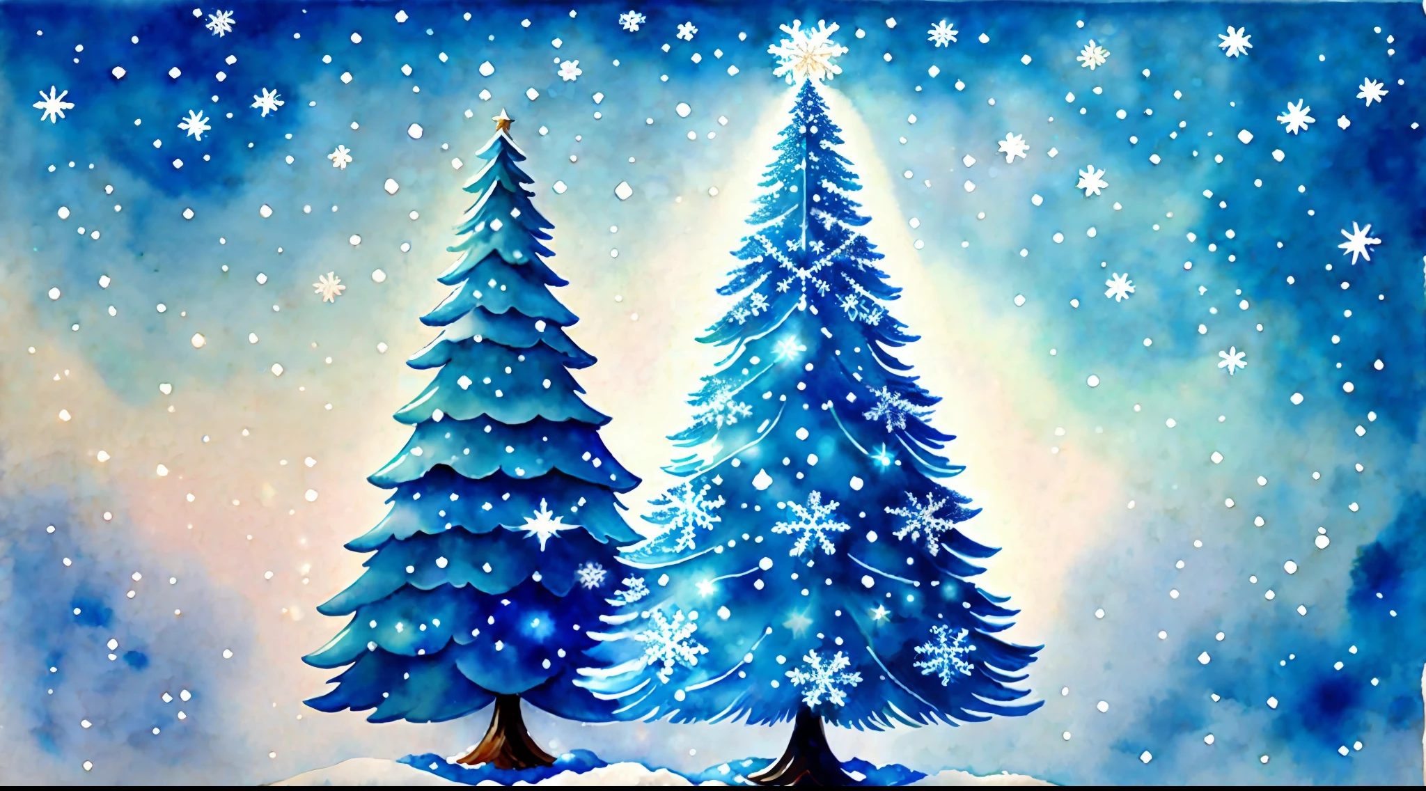 Christmas tree with snowflakes painted in watercolor, bright lights, blue shades, Kevin Walsh