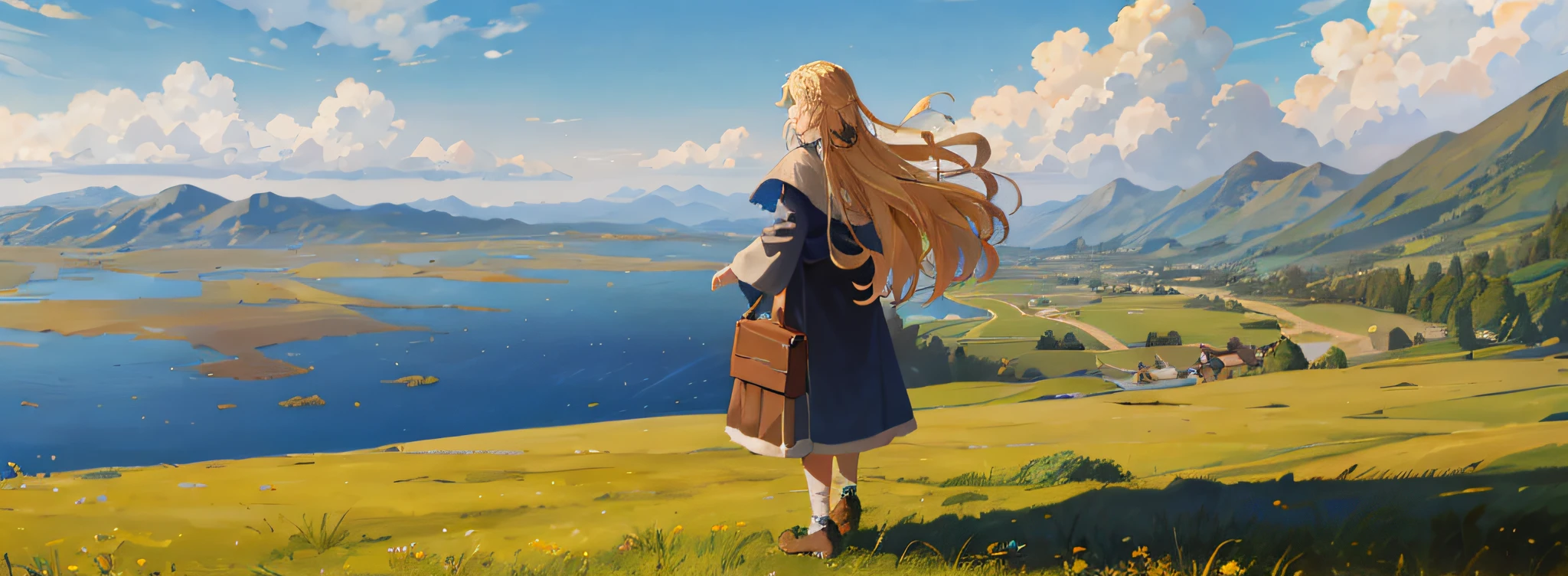 masterpiece, best quality, absurdity, blue sky, clouds, clouds, clouds, day, turn away, field, from behind, grass, hill, horizon, lake, landscape, mountain, mountainous horizon, sea, outdoors, river, landscape, sky, water, wide shot,
1 Girl, Solo, Blonde Hair, Long Hair, Robe
