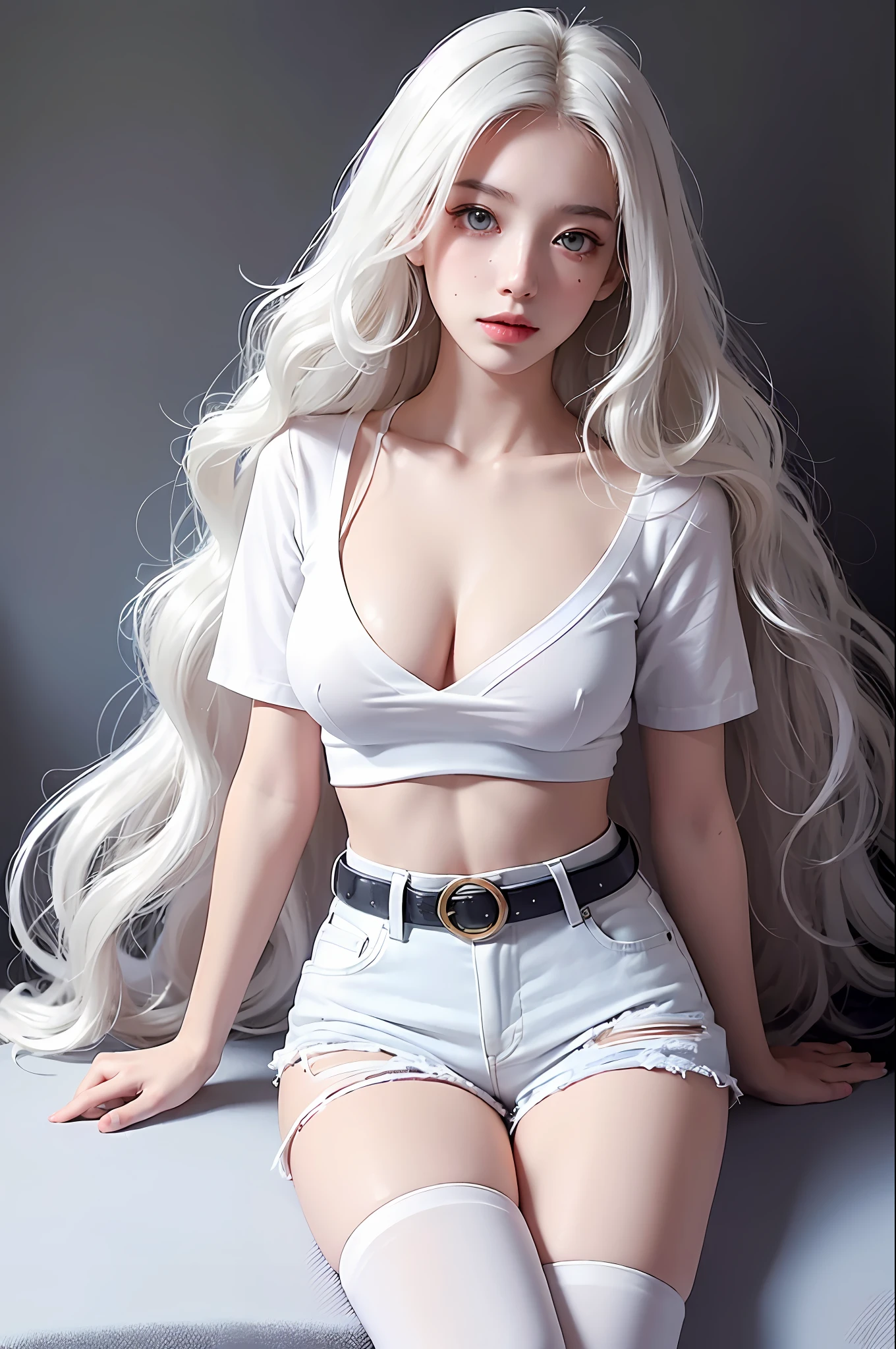 Realistic, high resolution, 1 girl, white wavy hair, Chinese, heterochromic eyes, small moles under the eyes, loose white shirt, skinny denim shorts, large breasts, thin legs, white stockings