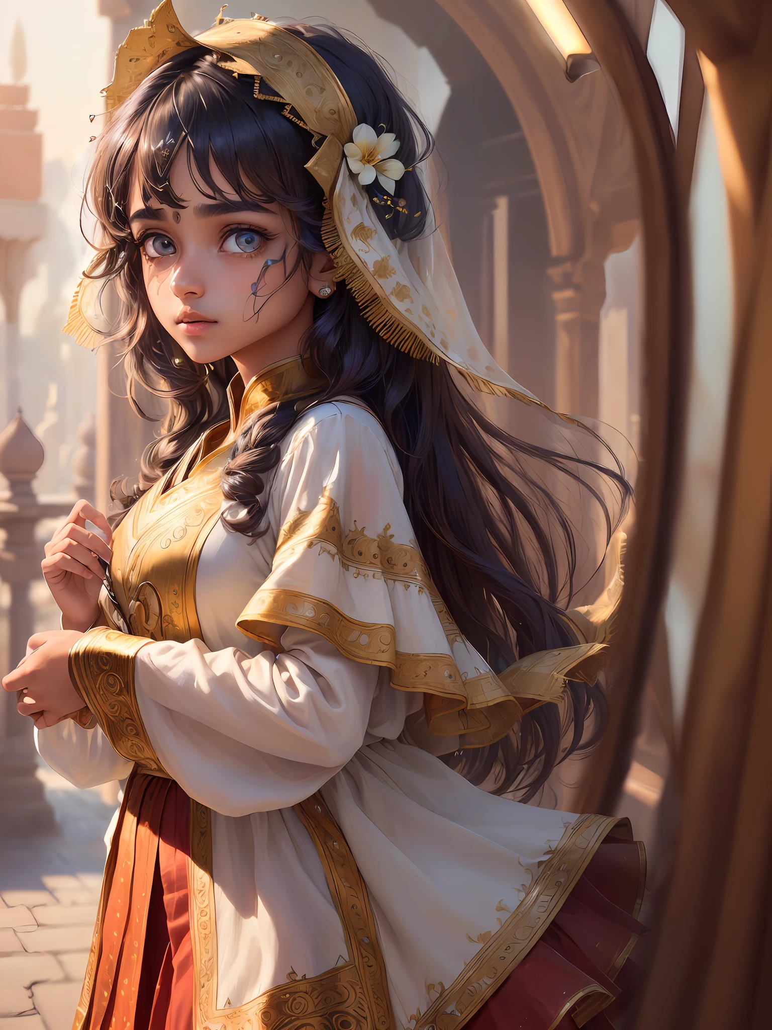 (extremely detailed CG unity 8k wallpaper:1.5),<(masterpiece:1.5), (best quality:1.7), high resolution illustration, (finely detailed eyes and detailed face:1.3), (detail:1.3, best quality, (ultra-detailed), (an extremely delicate and beautiful), (illustration), (painting),(masterpiece:1.5),cinematic light,dynamic angle,floating,sharp focus,(2d:1.7), (best quality:1.3),(illustration:1.1),((disheveled hair:1.2),(beautiful detailed eyes:1.1),(cinematic light:1.1), Indian teen girl, wearing Indian traditional dress,