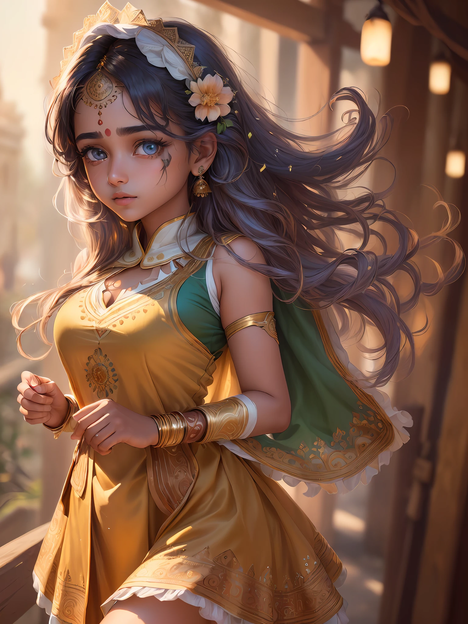 (extremely detailed CG unity 8k wallpaper:1.5),<(masterpiece:1.5), (best quality:1.7), high resolution illustration, (finely detailed eyes and detailed face:1.3), (detail:1.3, best quality, (ultra-detailed), (an extremely delicate and beautiful), (illustration), (painting),(masterpiece:1.5),cinematic light,dynamic angle,floating,sharp focus,(2d:1.7), (best quality:1.3),(illustration:1.1),((disheveled hair:1.2),(beautiful detailed eyes:1.1),(cinematic light:1.1), Indian girl, wearing Indian traditional dress,