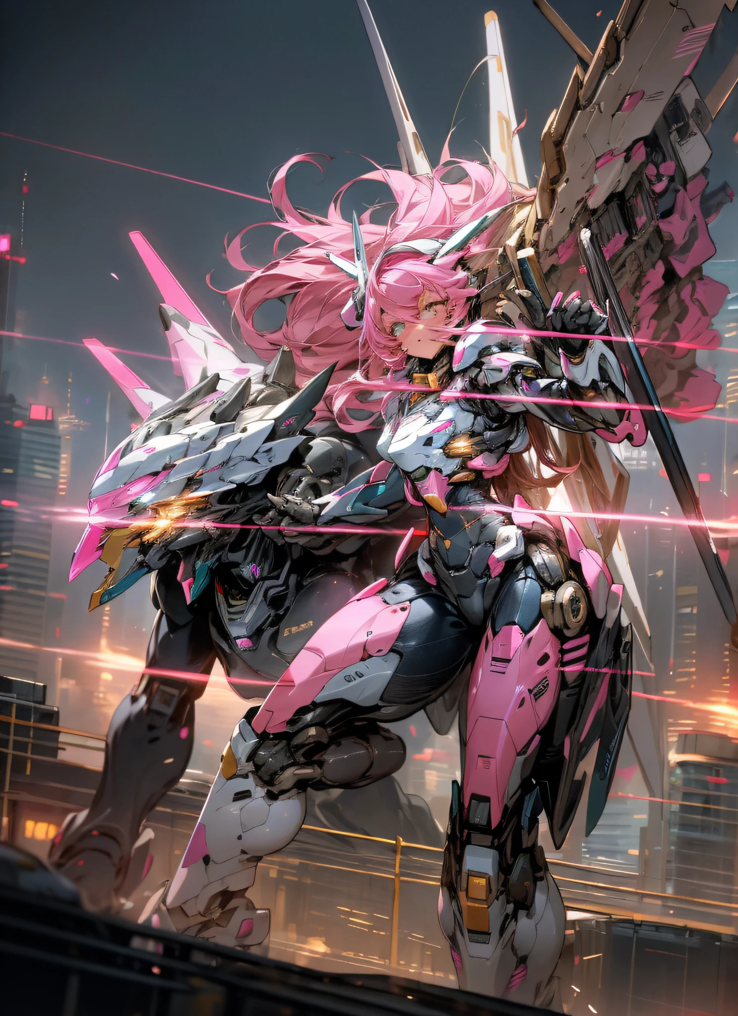 "(extremely detailed and beautiful)", "cute woman", "mecha", "best illumination", "best shadow", "floating", "dynamic pose", "mech suit", "pink and white color scheme", "glowing eyes and thrusters", "cityscape in the background"