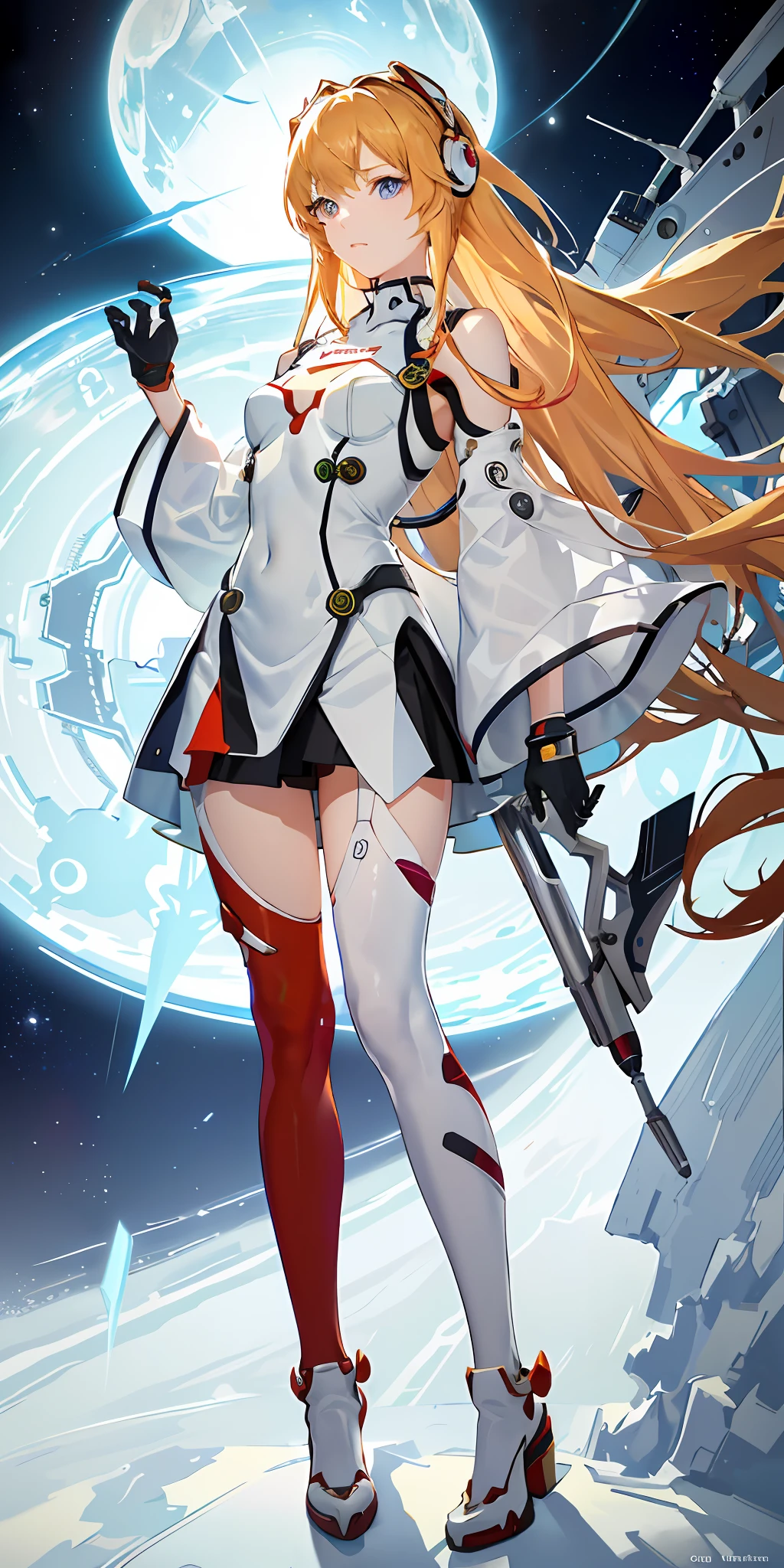 (Top view), Dynamic angle, Ultra detailed, Illustration, Close up, Straight Straight, 1 Girl,
 ((Souryuu Asuka Lanley, interface headphones, red tights: 1.4, blonde)), her eyes shine like dreamy stars, (glowing eyes: 1.233), (beautiful and detailed eyes: 1.1), (expressionless, mouth closed), (standing),
(mechanical compartment with tools and spaceship windows in a white spaceship),
(Night: 1.2), Dreamy, [[Slender Fingers and Hands: 0.55]::0.85], (Detail Fingers), Evangelion, Asuka, Red Tights Combat Suit