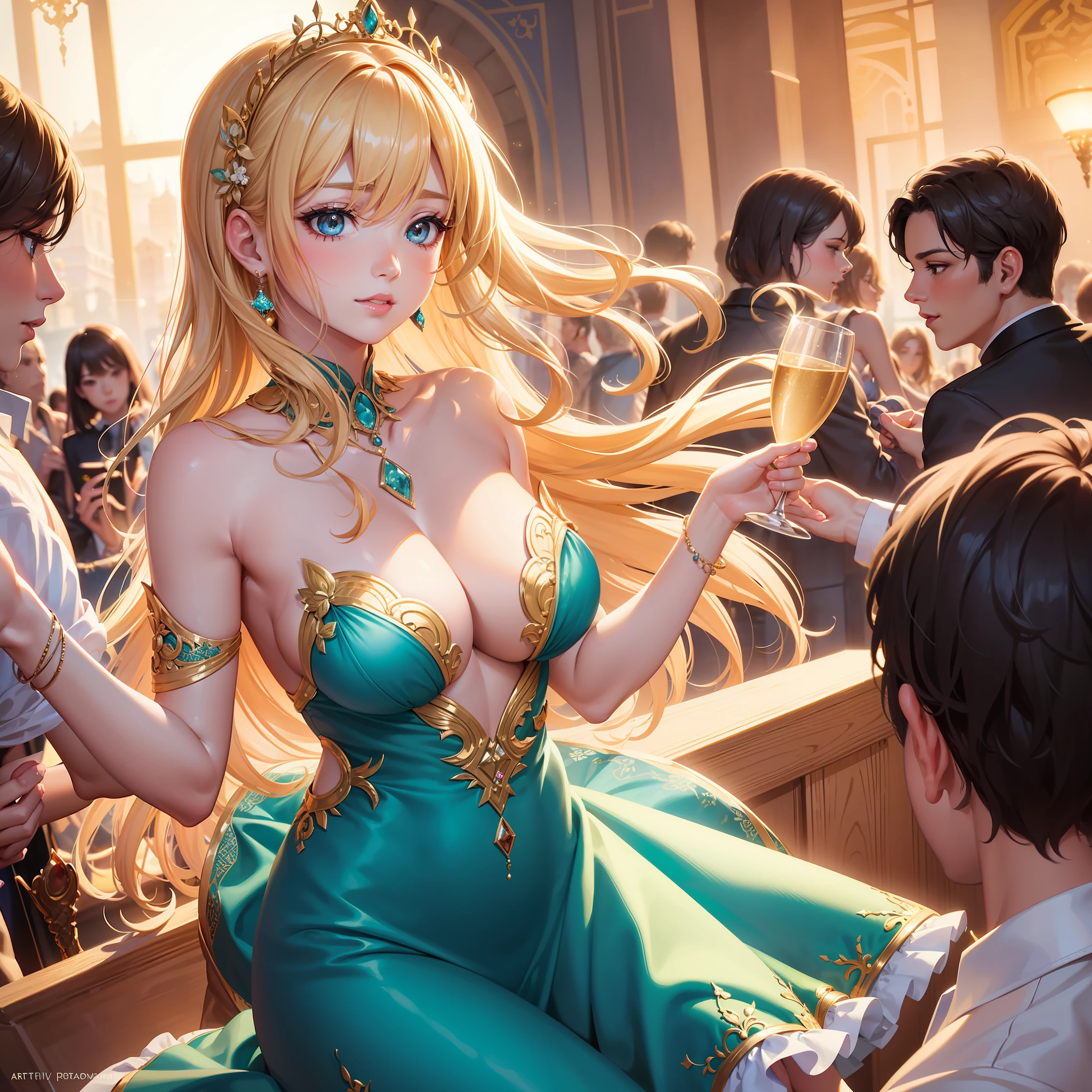 A stunningly beautiful young woman, bathed in soft, warm lighting, stands amidst a vibrant and lively party scene, her hair cascading down in loose waves, as she elegantly holds a sparkling champagne flute in her hand, her dress adorned with intricate lace details and shimmering sequins, creating a sense of glamour and refinement; the atmosphere is joyful and energetic, with vibrant colors and lively music filling the air, while a gentle haze of diffused light adds a dreamlike quality to the scene, creating a sense of enchantment and celebration; the overall composition exudes elegance and grace, with every feature of the girl's face delicately captured in exquisite detail, from her captivating eyes that sparkle with excitement and anticipation, to her flawless complexion that glows with a natural radiance, making her the center of attention and the epitome of beauty and charm; trending on Artstation, this digital illustration by renowned artist Sam Spratt combines impeccable technical skill and artistic vision to create a mesmerizing portrait that captures the essence of a truly enchanting moment.