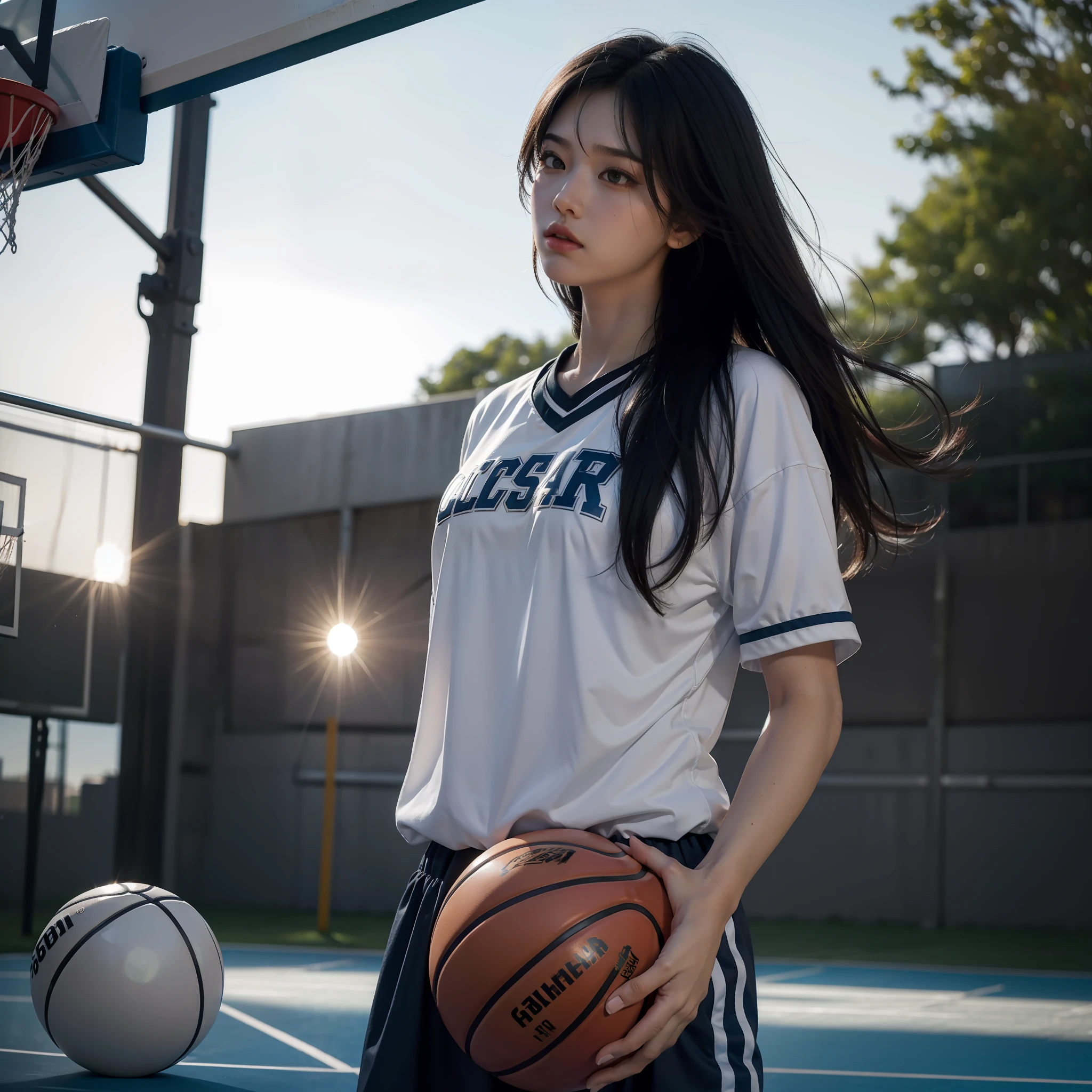 (8k, Best Quality, Masterpiece: 1.2), (Realistic, Photorealistic: 1.37), Super Detailed, Best Quality, Super High Resolution, Professional Lighting, Photon Mapping, Radiosity, Physically Based Rendering, Cinematic Lighting , basketball court, depth of field, focus, sun rays, good composition, (bokeh: 1.2), 1 girl, (whole body), (closed mouth), beautiful eyes, pose, constriction, basketball uniform, black hair , messy hair, long hair blowing in the wind,(ulzzang-6500:1.2) mix4, hiqcgbody