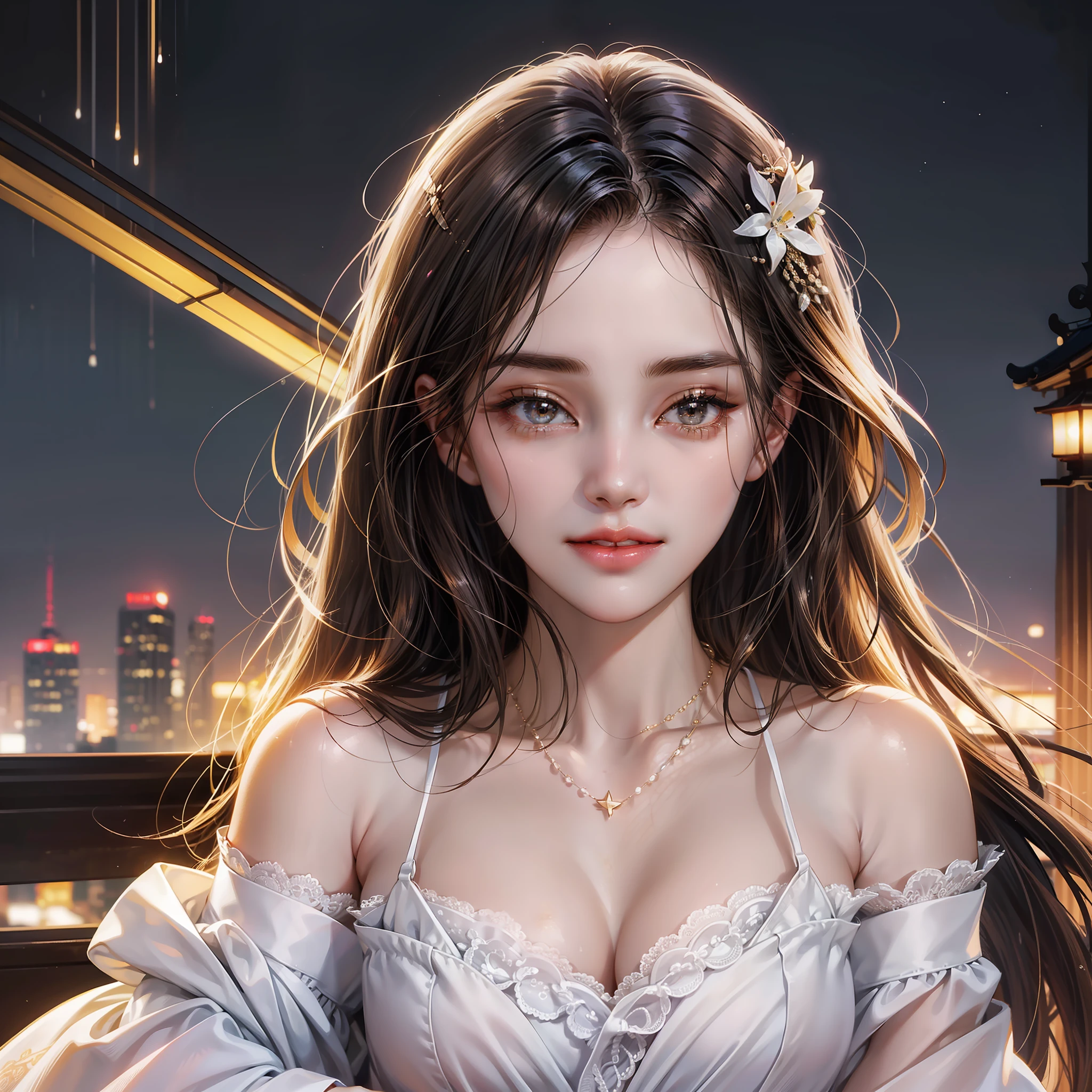 (absurd, high resolution, super detail), face close-up, face enhancement, face-oriented, bird's-eye view, beautiful, 22, 18, long straight hair, shiny beautiful hair, beautiful skin, luscious skin, beautiful eyes, with bangs, off the shoulder, eye highlights, unbroken hands , rich lighting, large breasts, pale pink lips, soft lips, slightly open mouth, wide-eyed, uniform 8K wallpaper with high definition CG, attention to detail, portrait, gaze, solo, half shot, detailed face, slightly smiling, dynamic pose, (contemporary Japanese subject matter: 1 . 1), Contemporary clothing, black dress, black gloves, lace dress, brown hair color, modern theme, (Thriving Civilization: 1.1), (Pure White: 1.1, ) Buildings, Roppongi, Ginza, Kabukicho, neon lights, Japanese landscape, fantastic, romantic, dancing lights, gleaming, austere, majestic, night, darkness Japanese landscapes, stars, moon in the background, portraits, film lighting, necklace, date scene