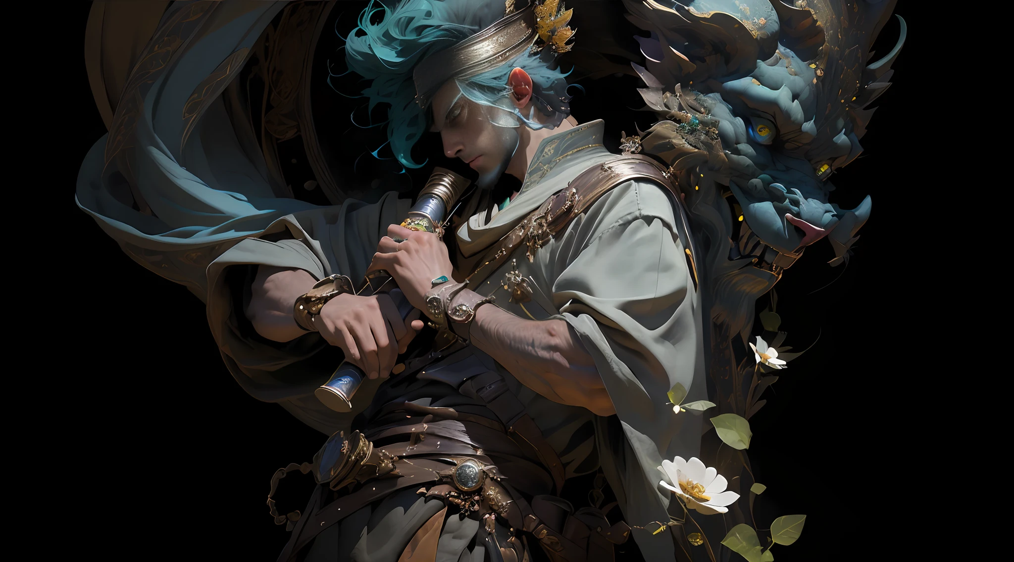 A man playing musical instrument, atmospheric distance sense, full body picture, epic fantasy digital art style, epic fantasy art style HD, epic fantasy art style, detailed fantasy digital art, epic fantasy style art, epic exquisite character art, 4K fantasy art, 2. 5 D CGI anime fantasy artwork, man wearing a flower on his head, photo of the most beautiful artwork in the world with a soft sheen, ((epic hero fantasy, great location, majestic environment), full body 8k uniform rendering, action shot, skin pores, heavy shadows, detailed, detailed face, (vibrant, photo realistic, realistic, dramatic, dark, sharp focus, 8k), (Complex: 1.4), Decadence, (High Detail: 1.4), Digital Painting ArtStation, Concept Art, Smooth, Sharp Focus, Illustration, Artgerm Art, (Loish: 0.23), Wlop Ilya Kuvshinov, and Greg Rutkowski and Alphonse Mucha Gracias, (Global Illumination, Studio light, volumetric light), particles floating, the face is rich in detail, the man has a cold expression, the eyes are green, the eyes have fire, the ghost's teeth are sharp, and the teeth are richly detailed