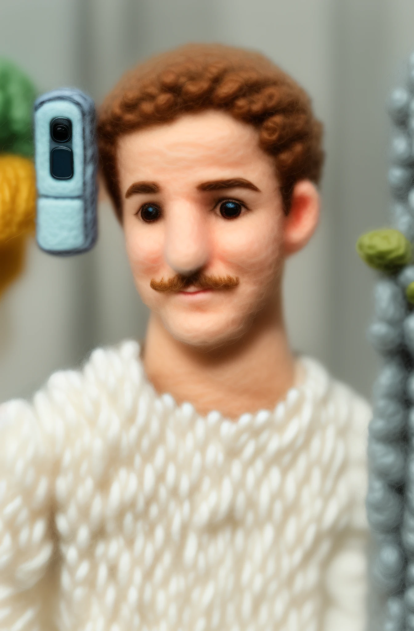 HD, (Best Detail) (Best Quality), There's a Man Standing by the Fence Holding a Cell Phone, Miniwool Style of an Isometric View of a Cute Miniature Bedroom, Made of Wool, Product Photo, Fantastic Mr. Fox Style, Cute, Glass Eyes