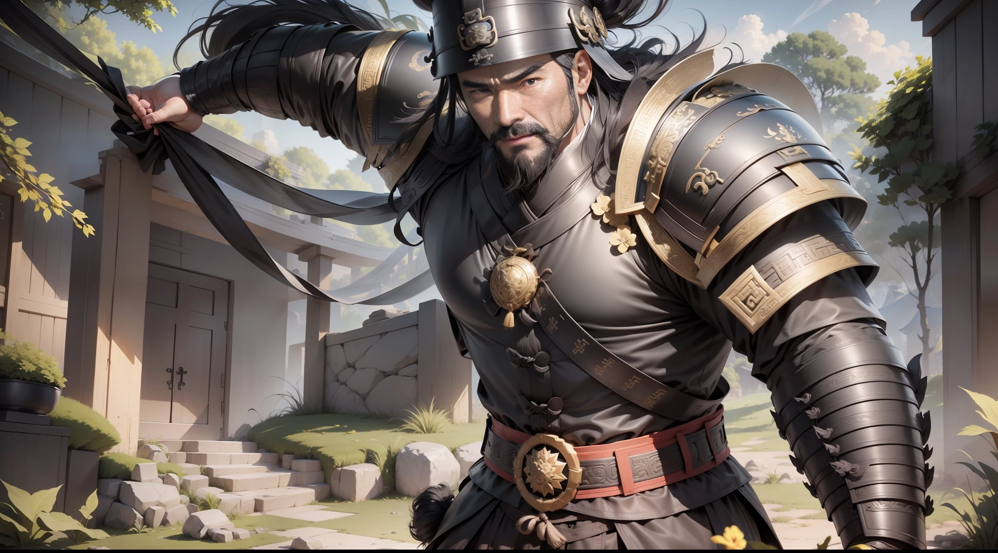 Ultra HD, ultimate masterpiece, high detail depiction, best picture quality, 8k, 2D anime style, Chinese Han Dynasty, a man, ancient Chinese general Dianwei, mature man, 30 years old, super detailed face, round face, black eyes, beard, resolute eyes, (covering mouth: 2), wearing a black helmet, wearing black armor, a yellow belt at the waist, height 2 meters, burly body, muscular, black leather boots, standing on the grass, summer, sunny, daytime, sunshine