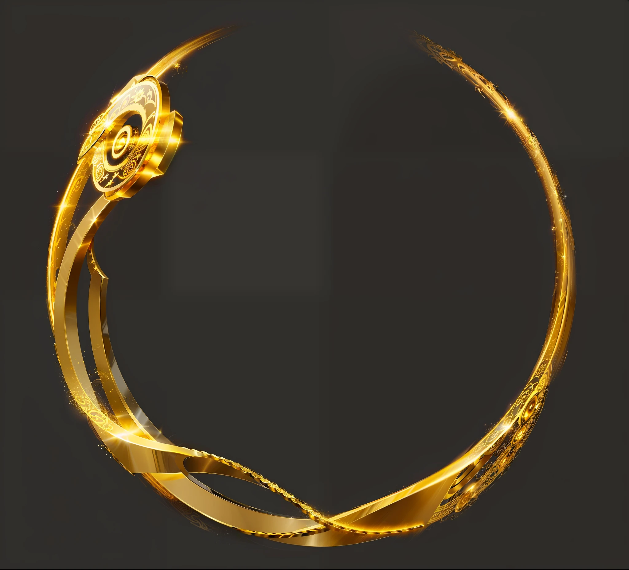 there is a gold circular object with a black background, golden circlet, ouroboros, circlet, deviantart eka's portal, circle design, yellow aureole, golden curve composition, gold elements, fantasy game spell symbol, gold gilded circle halo, ring, enso, golden spirals, circle forms, hook as ring, ancient symbol behind it