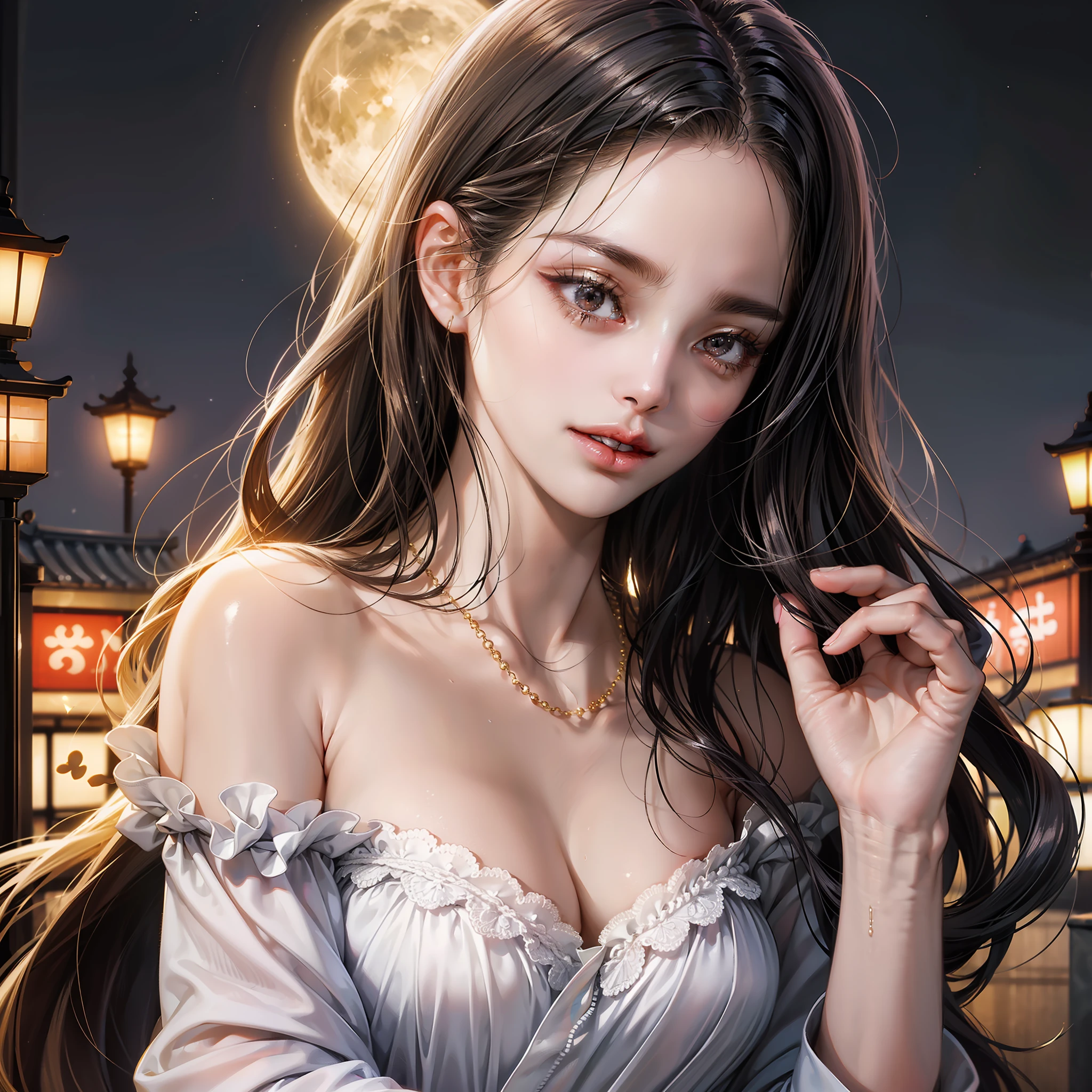 (absurd, high resolution, super detail), face close-up, face emphasis, face-oriented, high position, beautiful, 22, 18, long straight hair, shiny beautiful hair, beautiful skin, luscious skin, beautiful eyes, with bangs, off the shoulder, eye highlights, unbroken hands, rich lighting, large breasts, pale pink lips, soft lips, slightly open mouth, wide-eyed, uniform 8K wallpaper with high definition CG, attention to detail, portrait, gaze, solo, half shot, detailed face, slightly smiling, dynamic pose, (Contemporary Japanese subject: 1. 1), contemporary style clothing, black Dress, Black Gloves, Lace Dress, Golden Hair, Contemporary Subjects, (Thriving Civilization: 1.1), (Pure White: 1.1,) Buildings, Roppongi, Ginza, Kabukicho, Neon Lights, Japanese Landscape, Fantastic, Romantic, Dance of Light, Glitter, Severity, Majesty, Night, Darkness, Stars, Moon In Background, Portrait Film lighting, Necklace, Date scene
