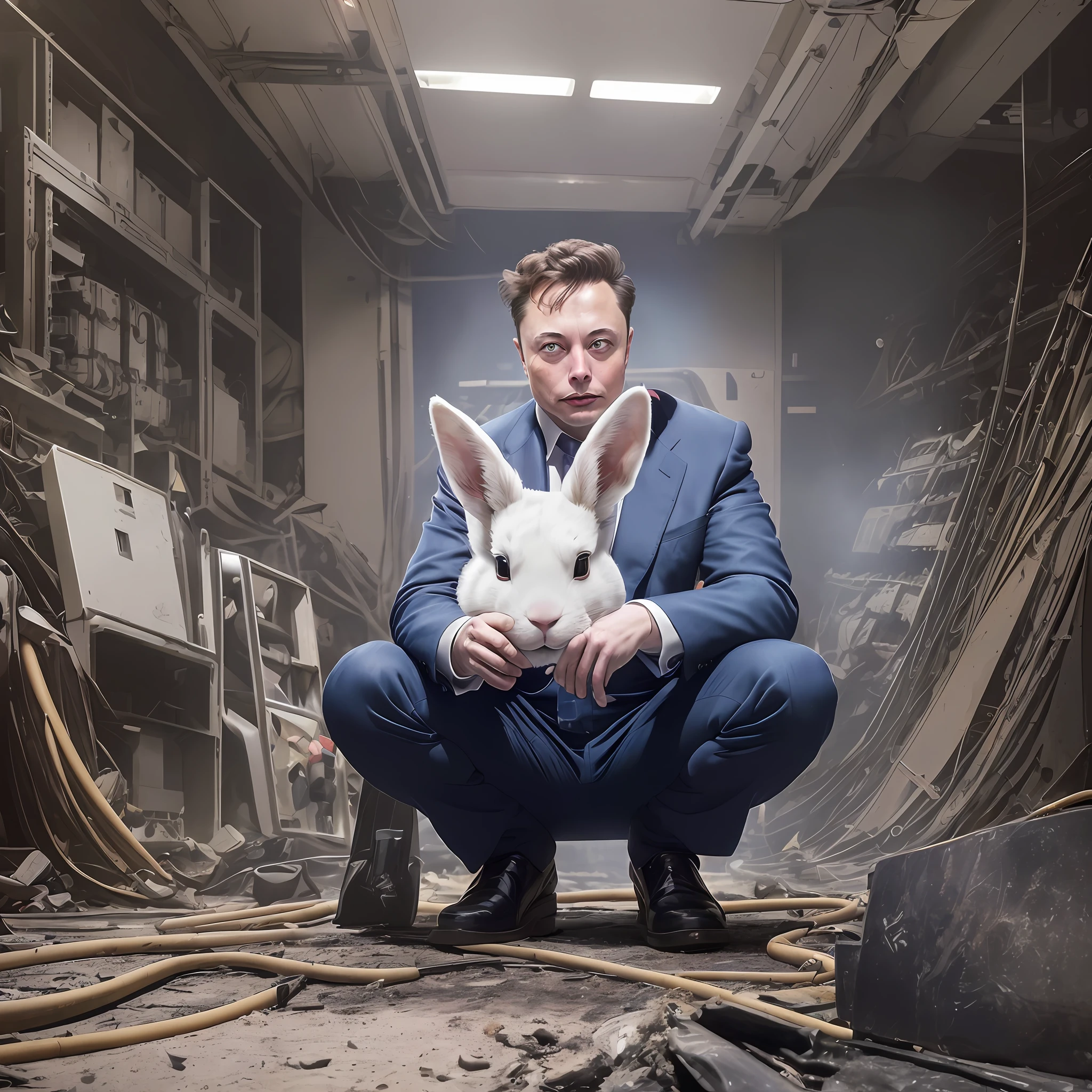 there is a man in a suit and bunny ears sitting on the ground, elon musk as a cyborg, musk ( 2 0 2 4 ), portrait of elon musk, elon musk portrait, elon musk, elon musk as joker, exotic alien elon musk, elon musk as a greek god, elon musk as slimy mollusk, ancient mongolian elon musk, anime elon musk