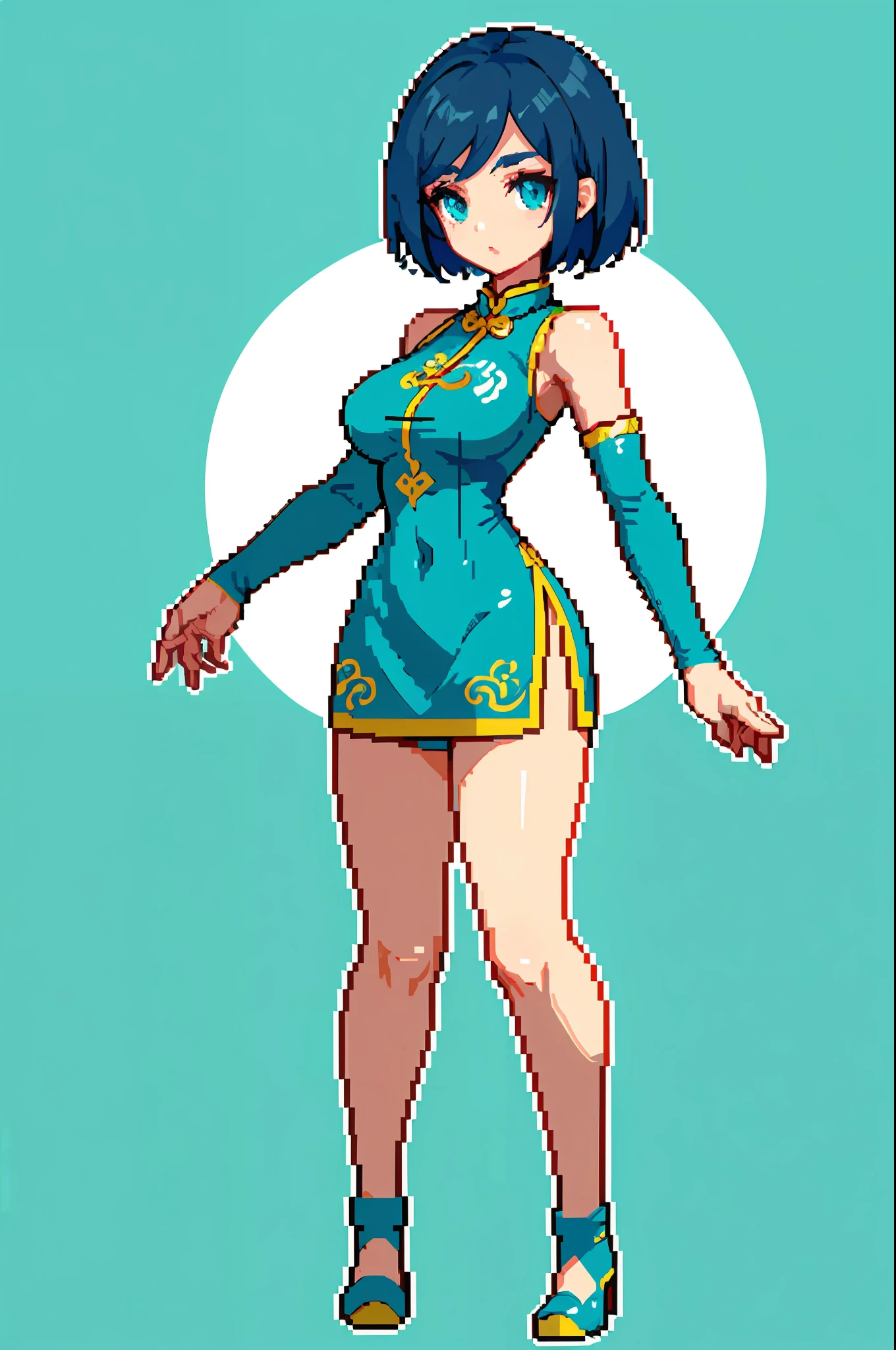 (Masterpiece, top quality, best quality), pixel, pixel art, 1girl, full body, fleshy thighs, short turquoise hair, cheongsam, big breasts