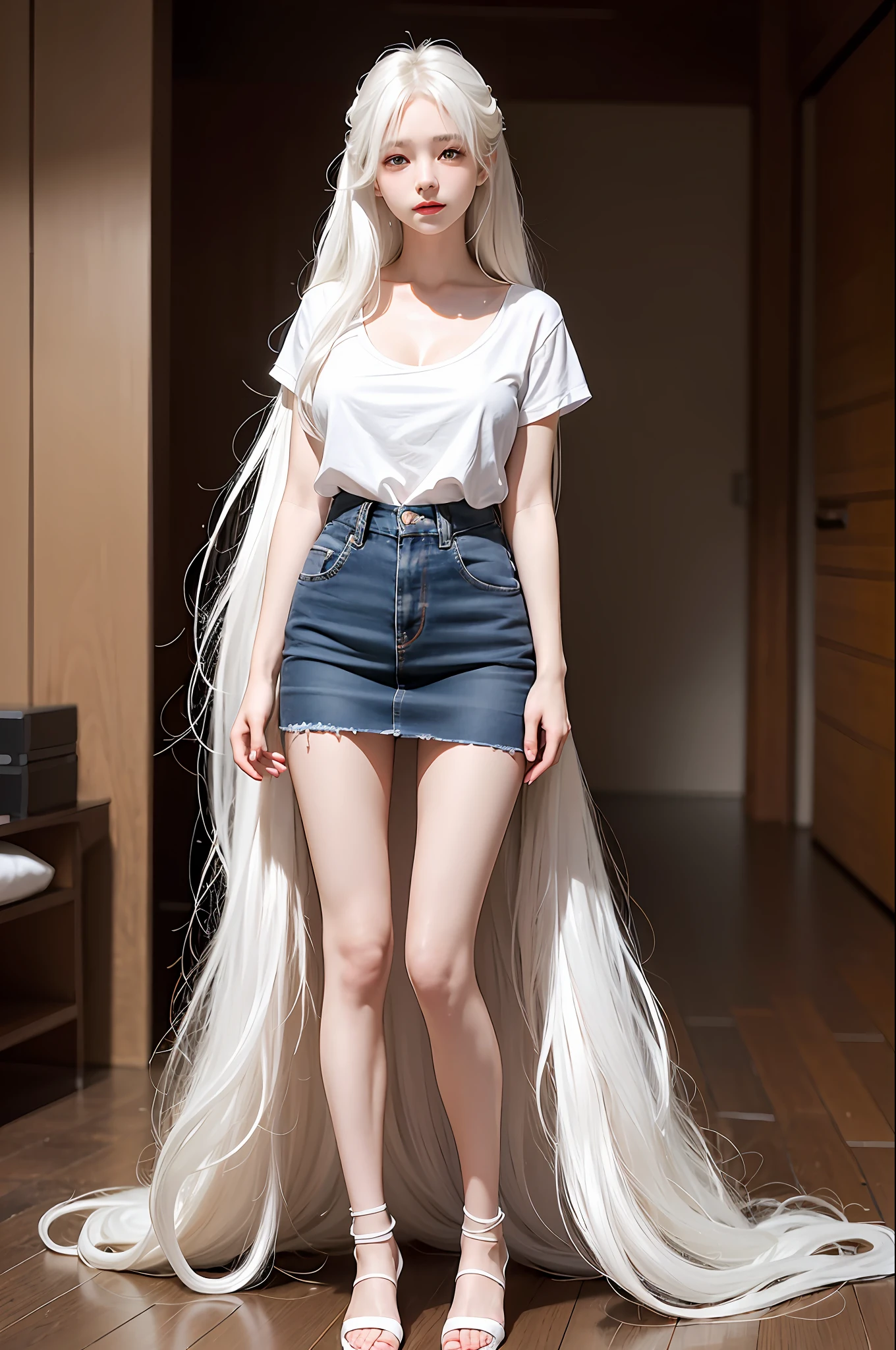 realistic, high resolution, 1 girl, white wavy hair, korean, heterochromic eyes, small moles under the eyes, loose white shirt, skinny denim skirt, large breasts, thin legs, black silk beautiful legs,