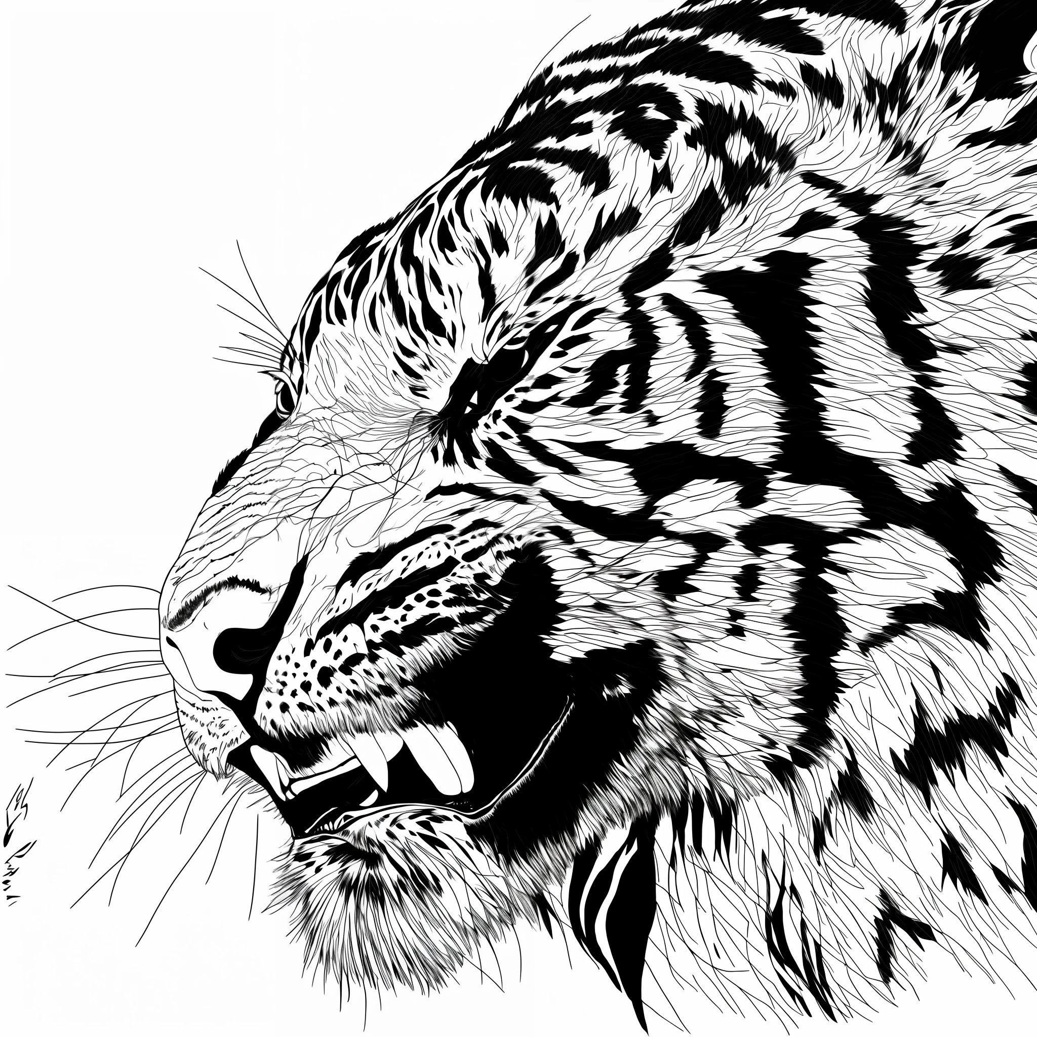 a drawing of a tiger with its mouth open and its teeth wide open, intense line art, perfect pen and ink line art, highly detailed ink illustration, hyper detailed line art, ((tiger)), detailed 4 k drawing, half tiger, clean ink detailed line drawing, black ink line art, extremely fine ink lineart, pen and ink drawings, tiger head --auto --s2