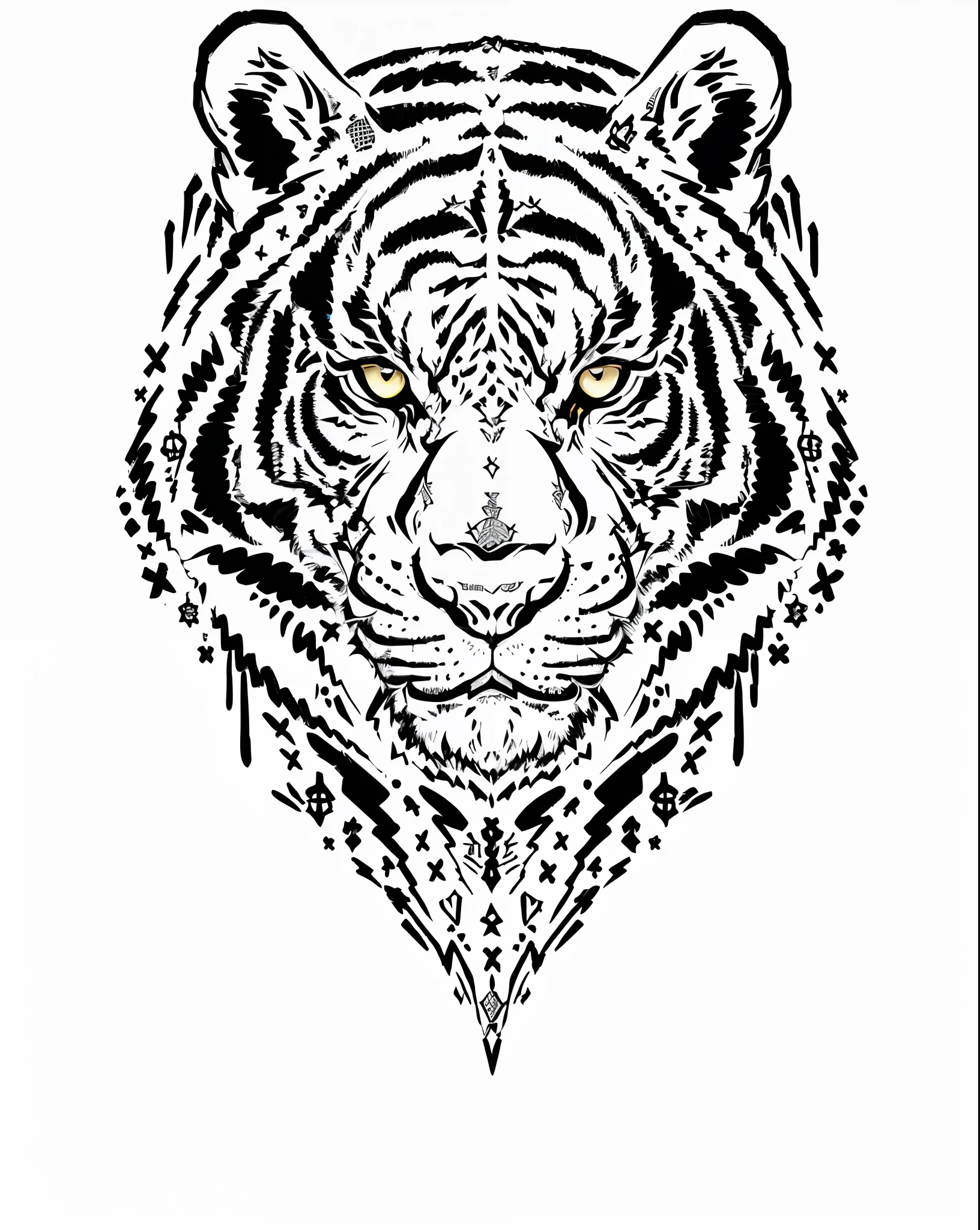 a black and white tiger head with a tribal pattern on it, tiger head, tiger face, tiger, tiger_beast, jaguar head tattoodesign, ((tiger)), inspired by Augustin Meinrad Bächtiger, black and white vector art, a tiger, by Adam Marczyński, half tiger, thick vector line art, sacred tiger --auto --s2