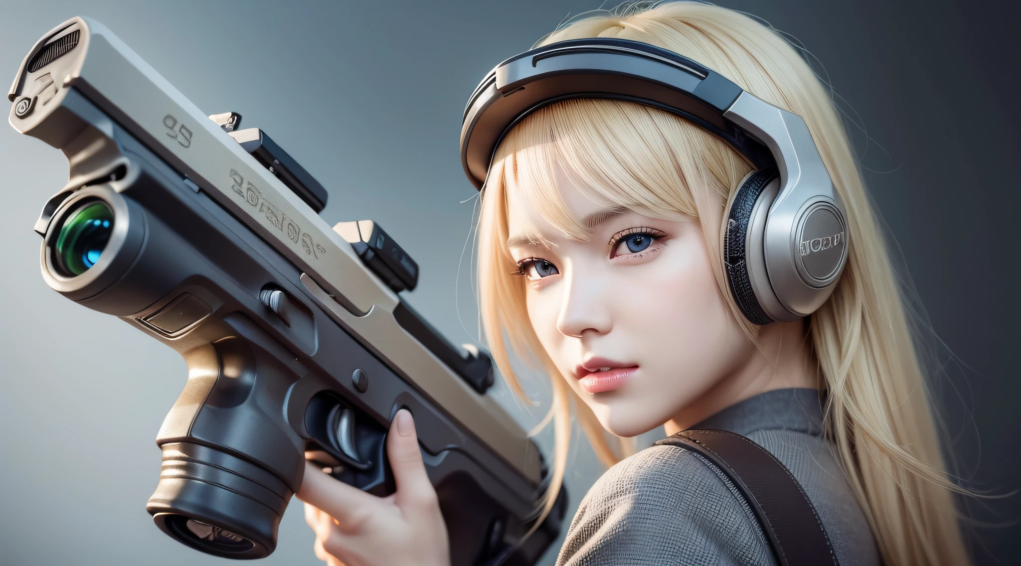 blonde, female, 20s, single, 8k, scar on left cheek, electricity, equipment, blonde with shortcut, headgear, with gun, big ass, not illustration, fair skin, complex rendering ultra detailed, best quality, live action