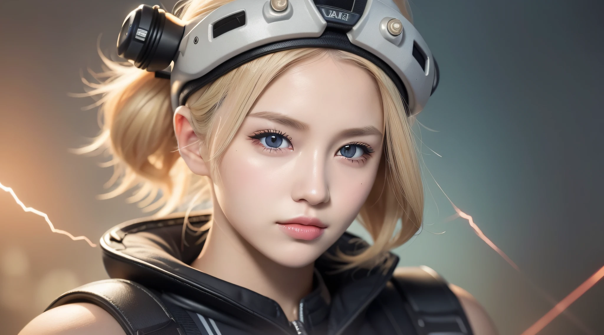 blonde, female, 20s, single, 8k, scar on left cheek, electricity, equipment, blonde with shortcut, headgear, with gun, big ass, not illustration, fair skin, complex rendering ultra detailed, best quality, live action
