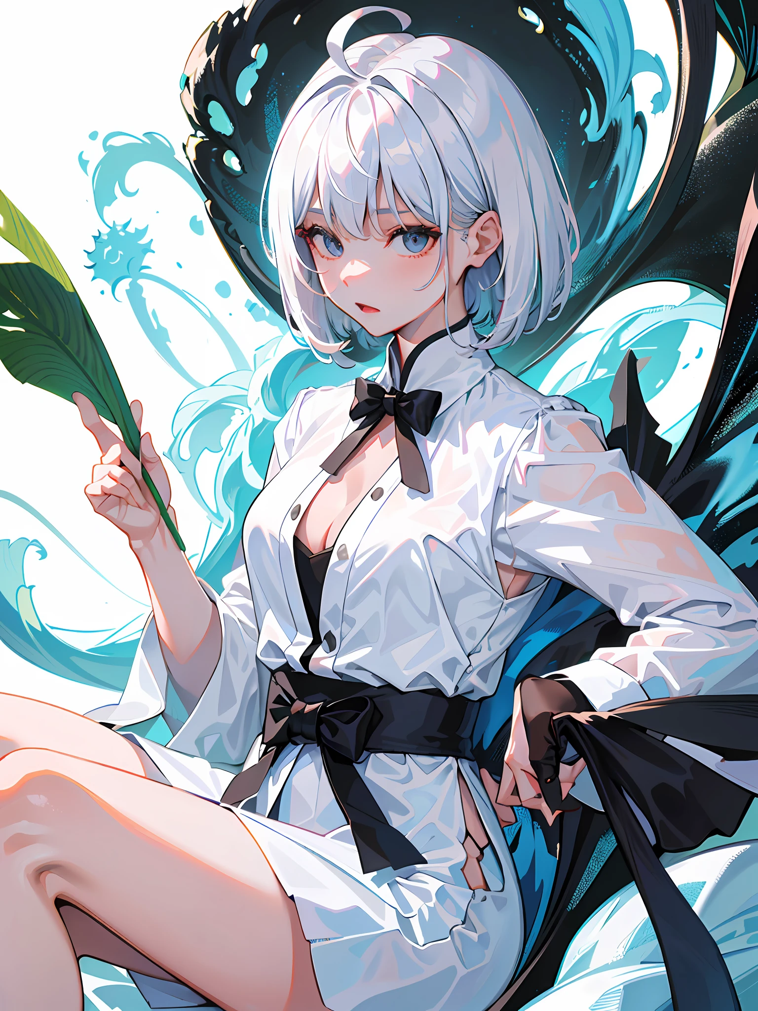 ((masterpiece, best quality)), (1girl), (solo), (female focus), (ahoge, white hair, short hair), black eyes, ((white shirt), (buttoned shirt)), ((black裙子),(短裙)),站立,肉感十足的大腿,巨乳,光脚