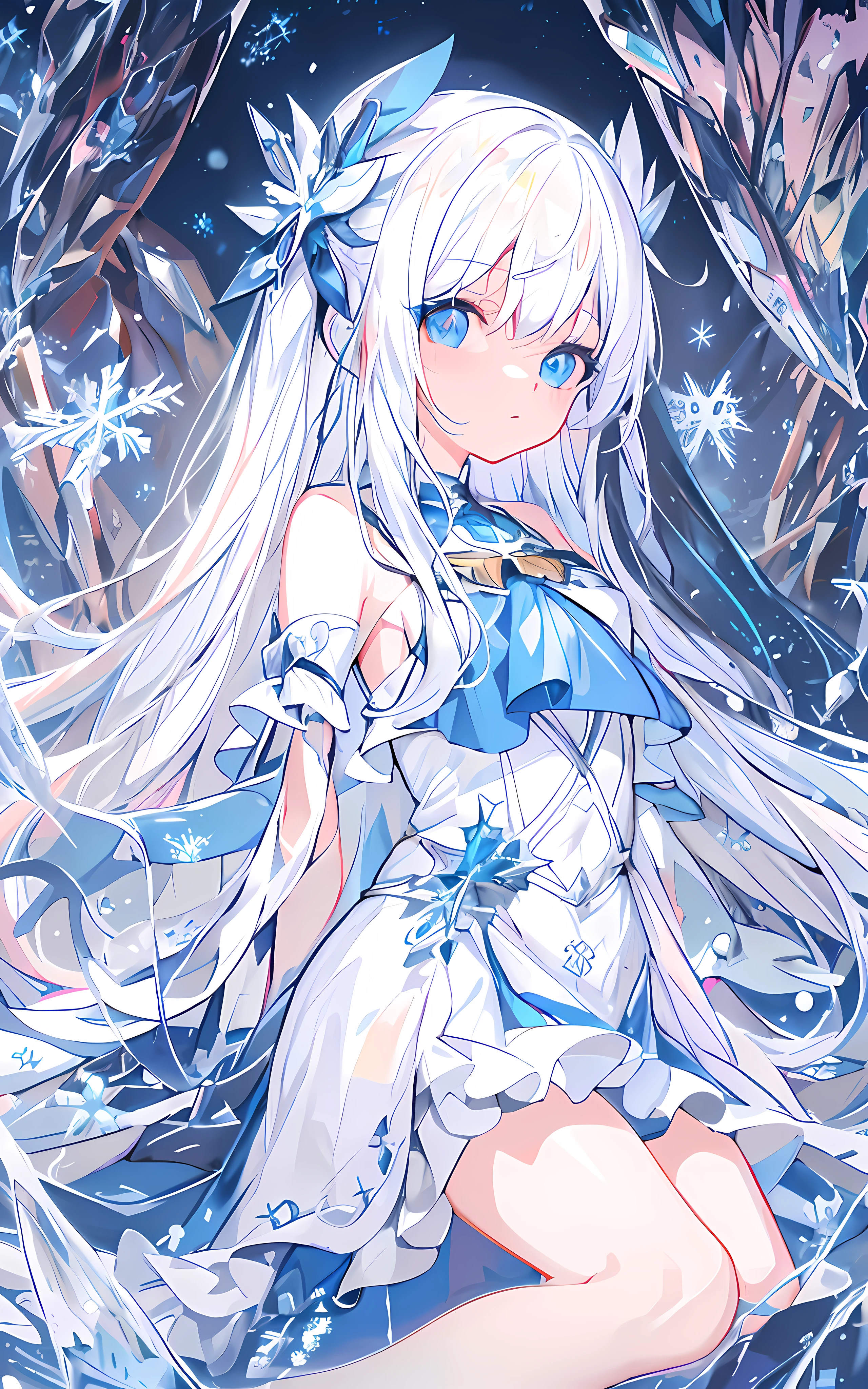 anime girl with long white hair and blue dress sitting in snow, digital art on pixiv, trending on artstation pixiv, splash art anime loli, pixiv contest winner, pixiv, white haired deity, detailed anime art, crystalline skin, zerochan art, ice queen, beautiful anime artwork, pixiv daily ranking, beautiful anime art, icey