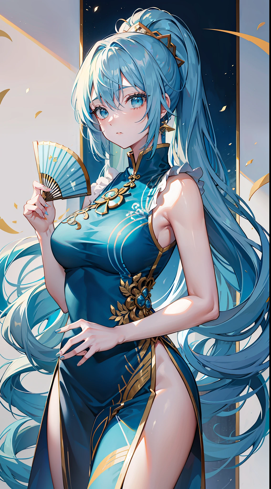 Adult girl, long blue hair with white strands, high ponytail, cyan eyes, blue and white sleeveless Chinese dress, fan, gold jewelry, haughty look, guards, masterpiece, high quality