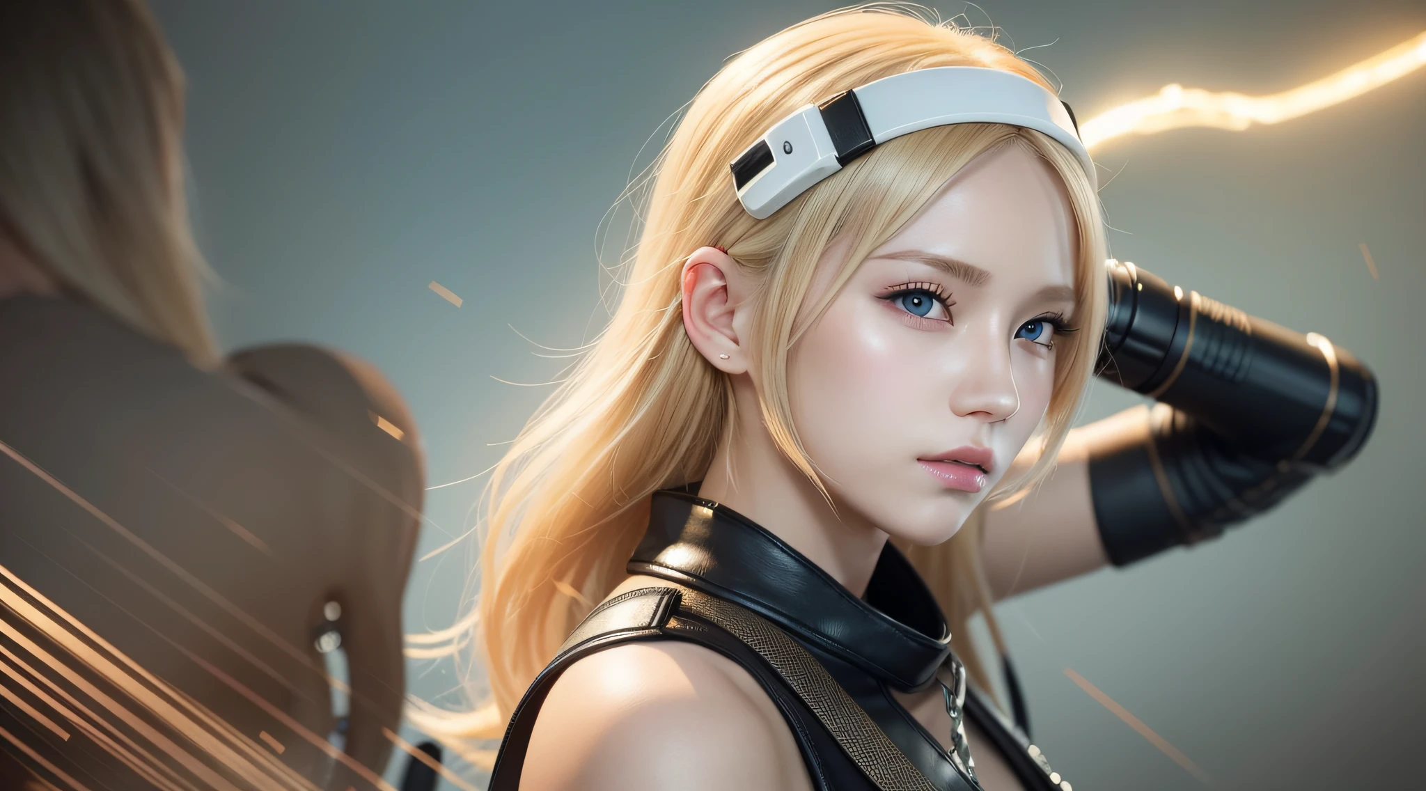 blonde, female, 20s, single, 8k, scar on left cheek, electricity, equipment, blonde with shortcut, headgear, with gun, big ass, not illustration, fair skin, complex rendering ultra detailed, best quality, live action