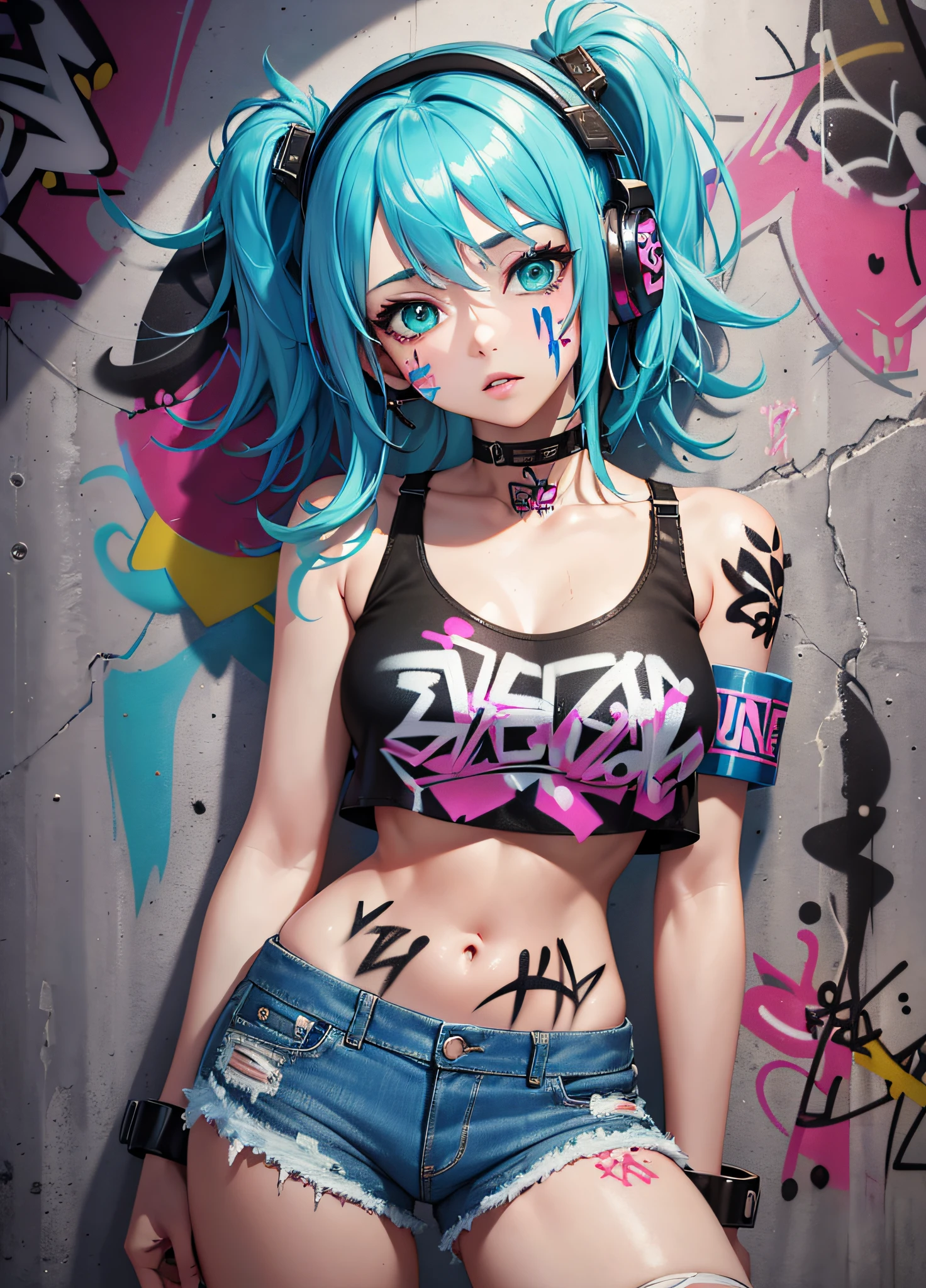 masterpiece, best quality, 1girl, solo, crop top, denim shorts, choker, (graffiti:1.5), paint splatter, arms behind back, against wall, looking at viewer, armband, thigh strap, paint on body, head tilt, bored, multicolored hair, aqua eyes, headset,