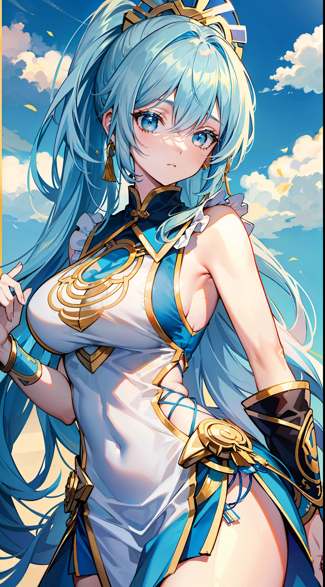 Adult girl, long blue hair with white strands, high ponytail, cyan eyes, blue and white sleeveless Chinese dress, fan, gold jewelry, haughty look, guards, masterpiece, high quality