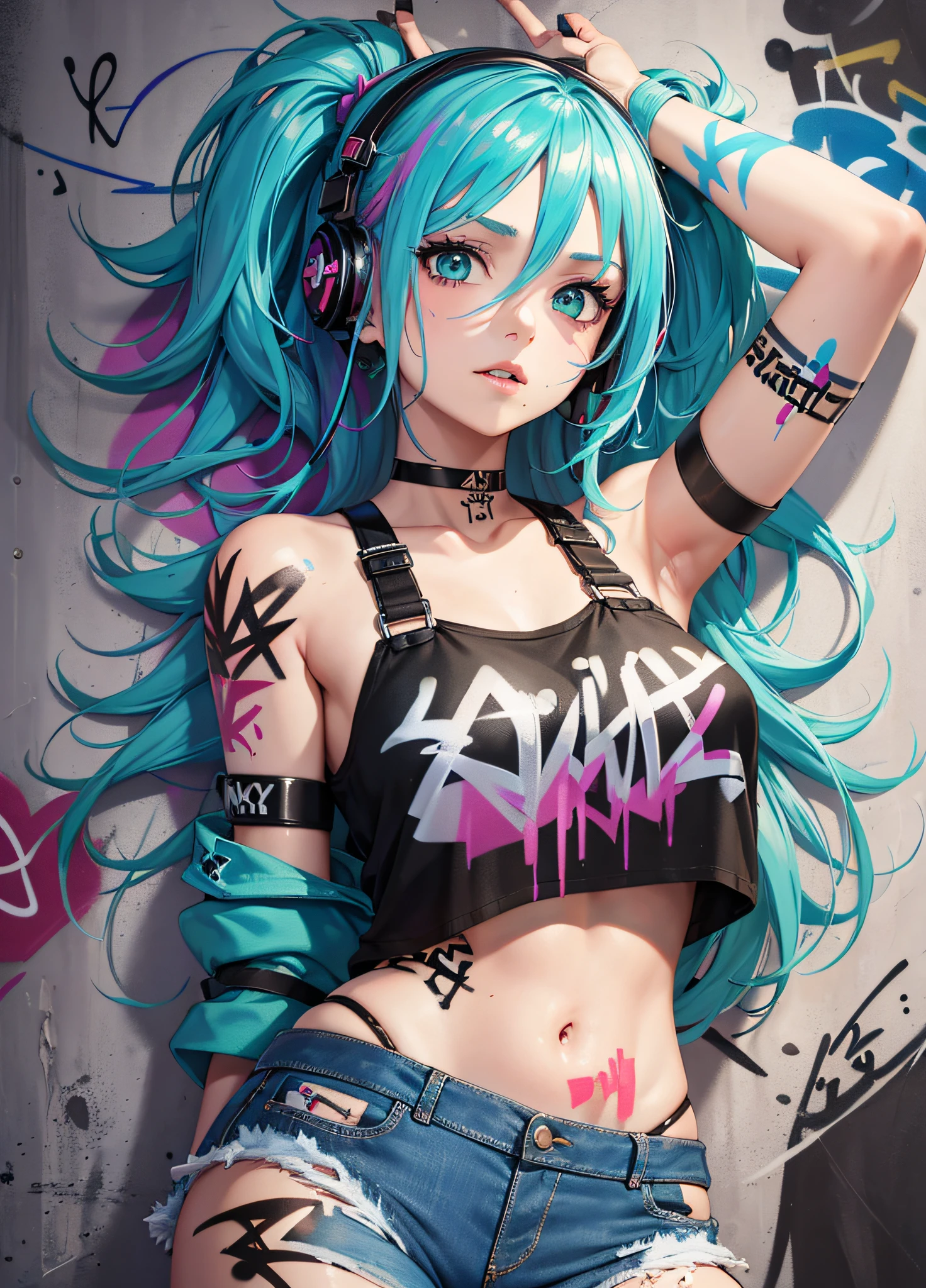 masterpiece, best quality, 1girl, solo, crop top, denim shorts, choker, (graffiti:1.5), paint splatter, arms behind back, against wall, looking at viewer, armband, thigh strap, paint on body, head tilt, bored, multicolored hair, aqua eyes, headset,