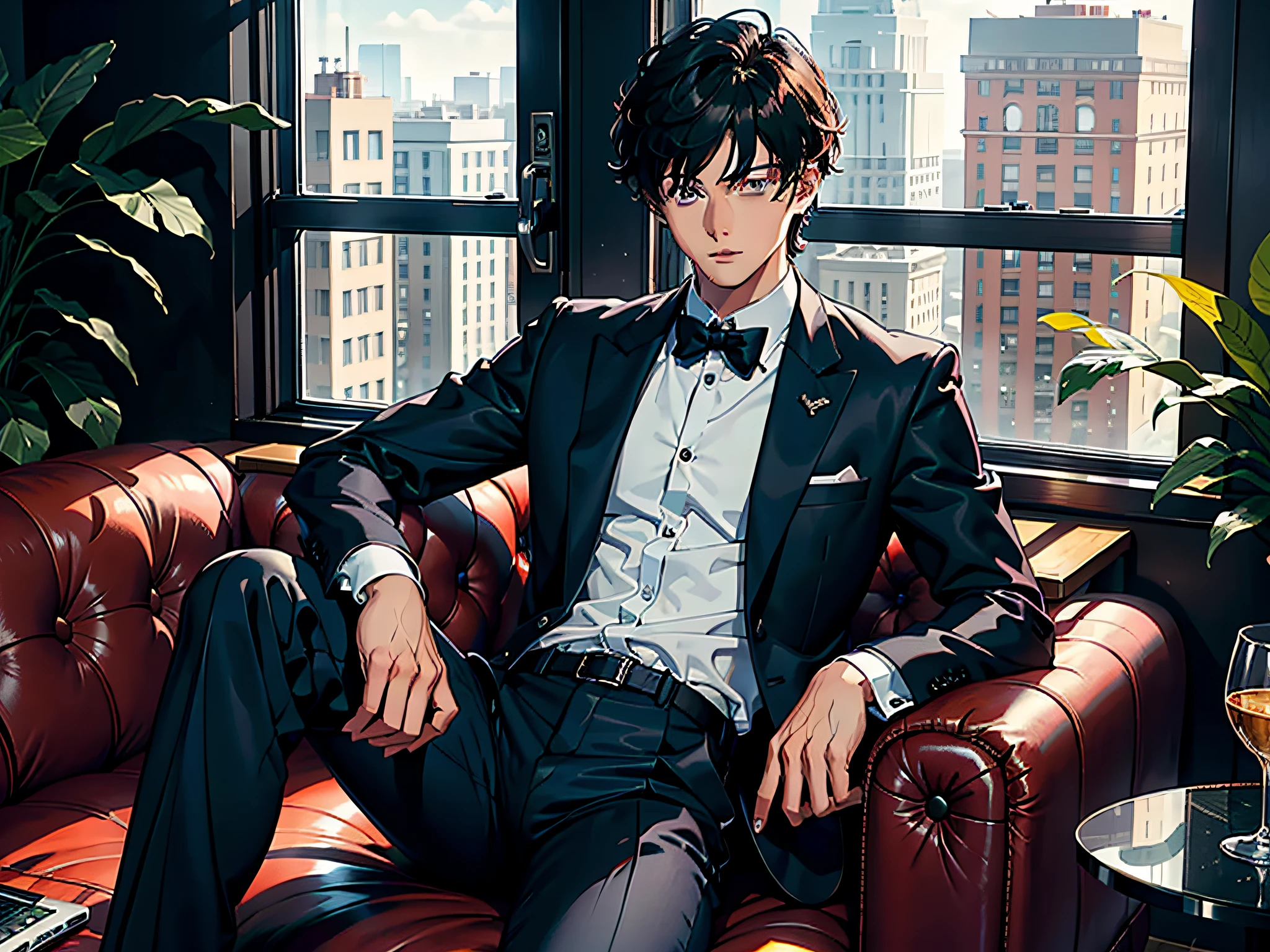 A handsome boy, 20 years old, sitting on a luxury sofa in the office, behind a floor-to-ceiling window, a serious face, looking at the mobile phone in his hand, wearing a black suit and shirt,
